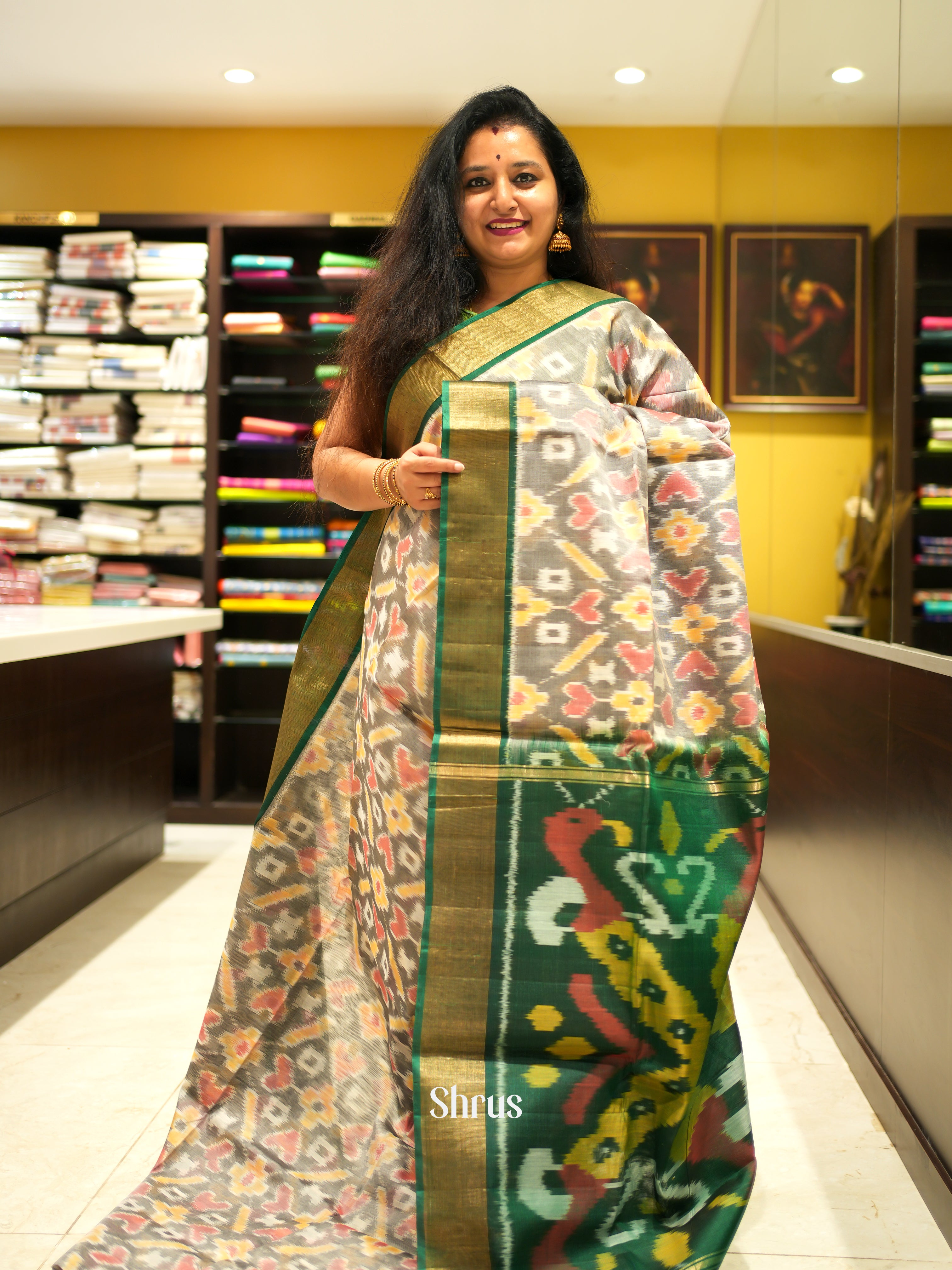 Grey & Green - Pochampally sico Saree - Shop on ShrusEternity.com