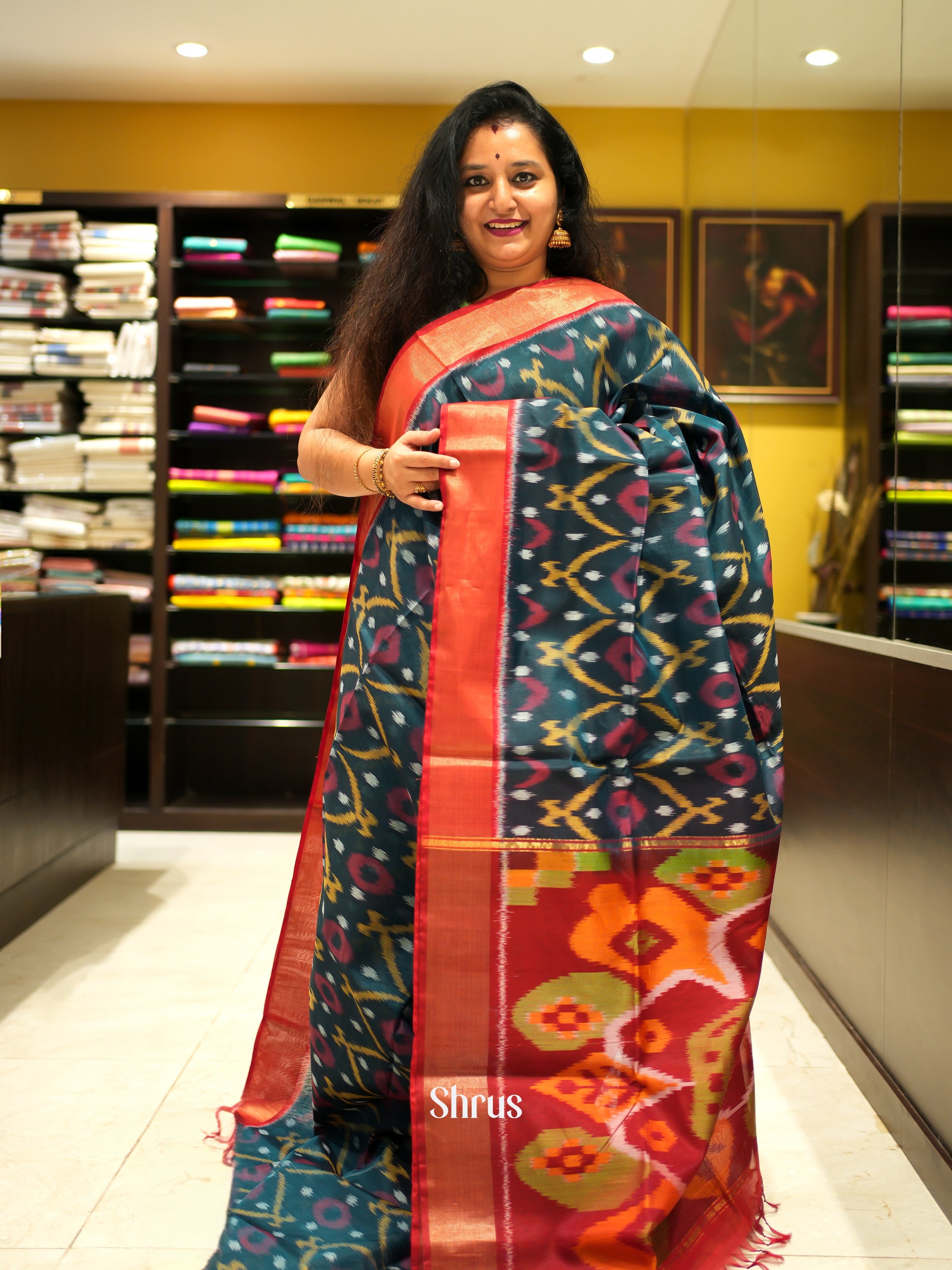 Peacock Green & red - Pochampally sico Saree - Shop on ShrusEternity.com