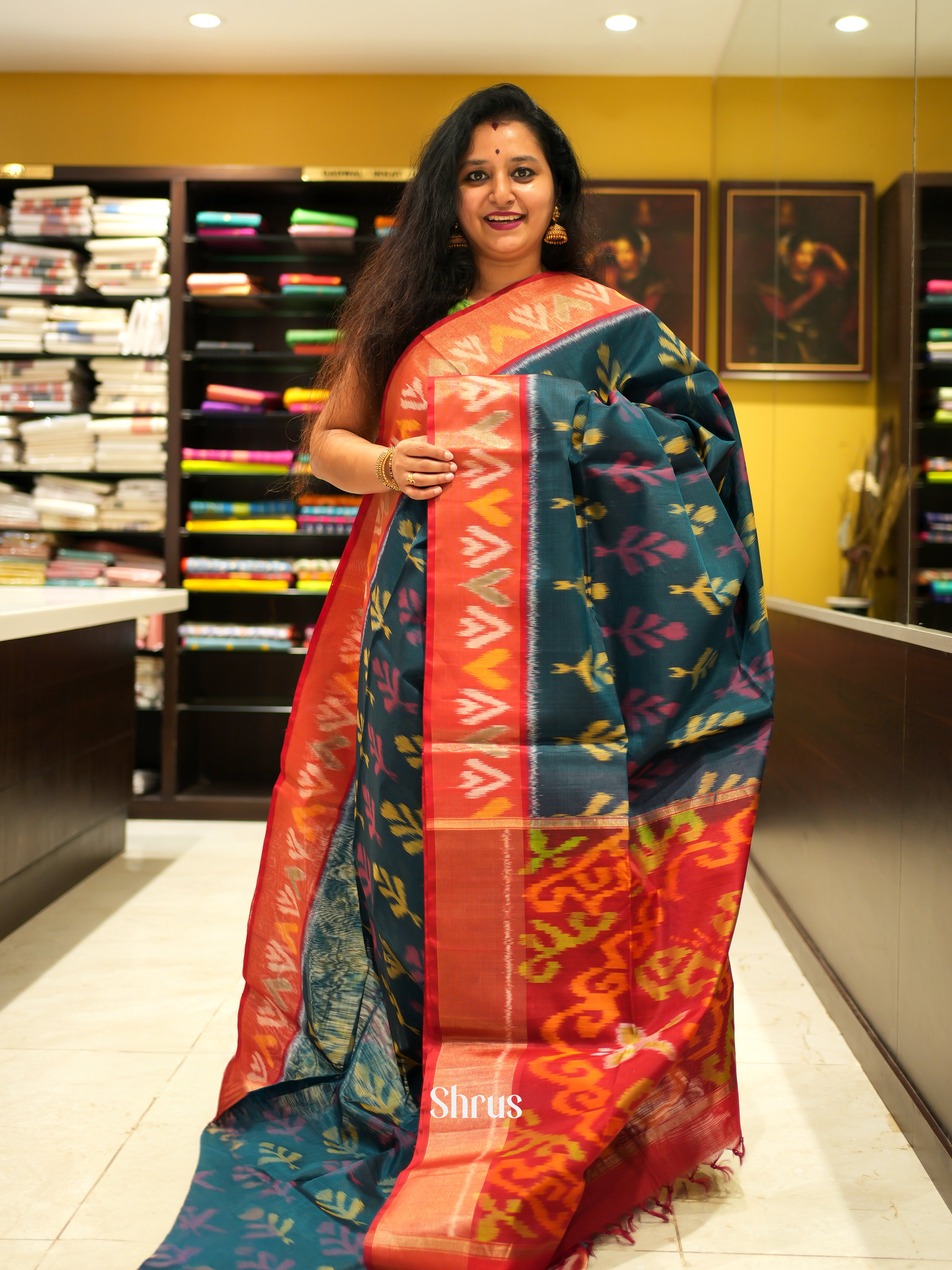 Peacock Green & red - Pochampally sico Saree - Shop on ShrusEternity.com