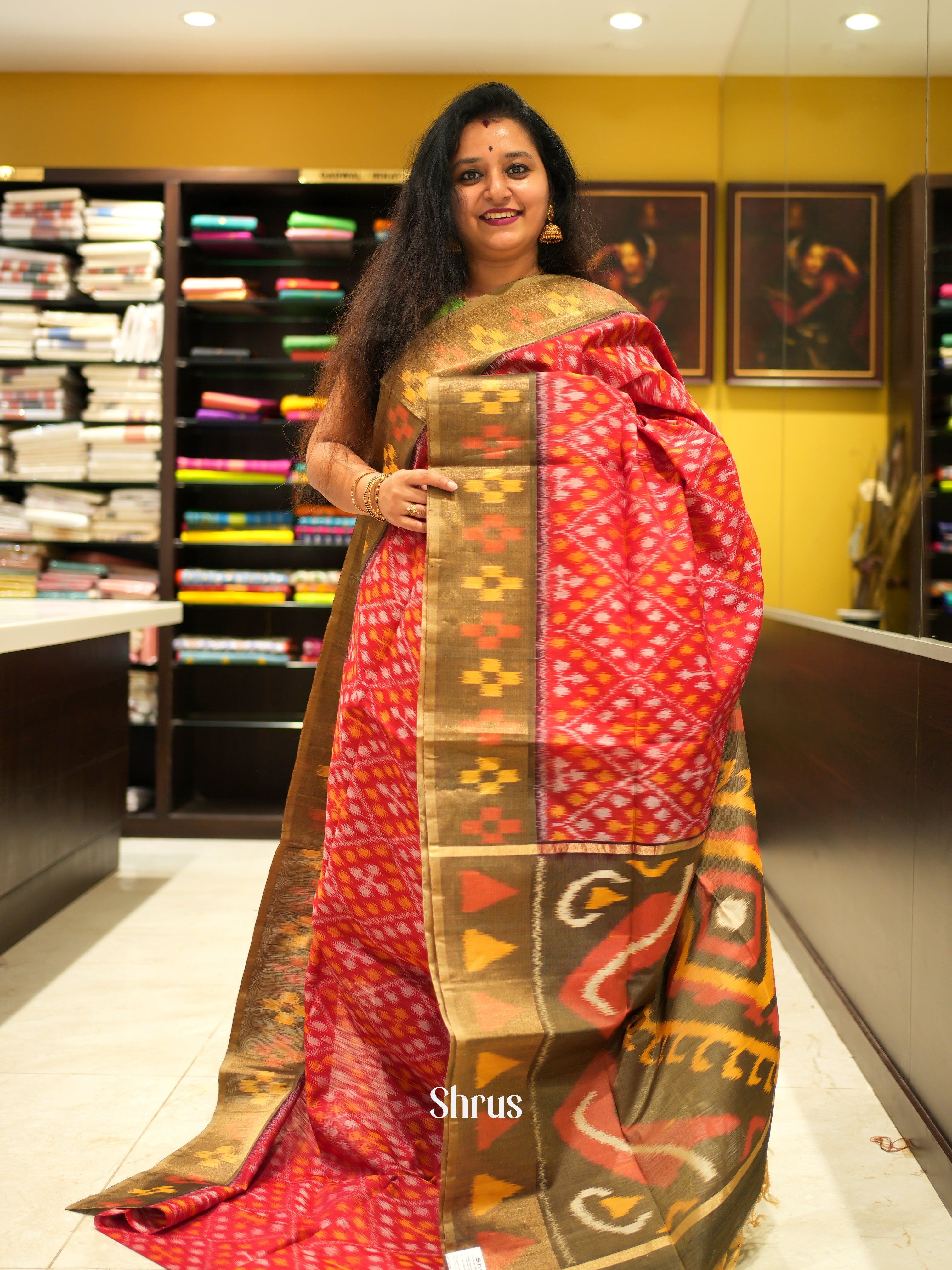 Red & Green - Pochampally sico Saree - Shop on ShrusEternity.com