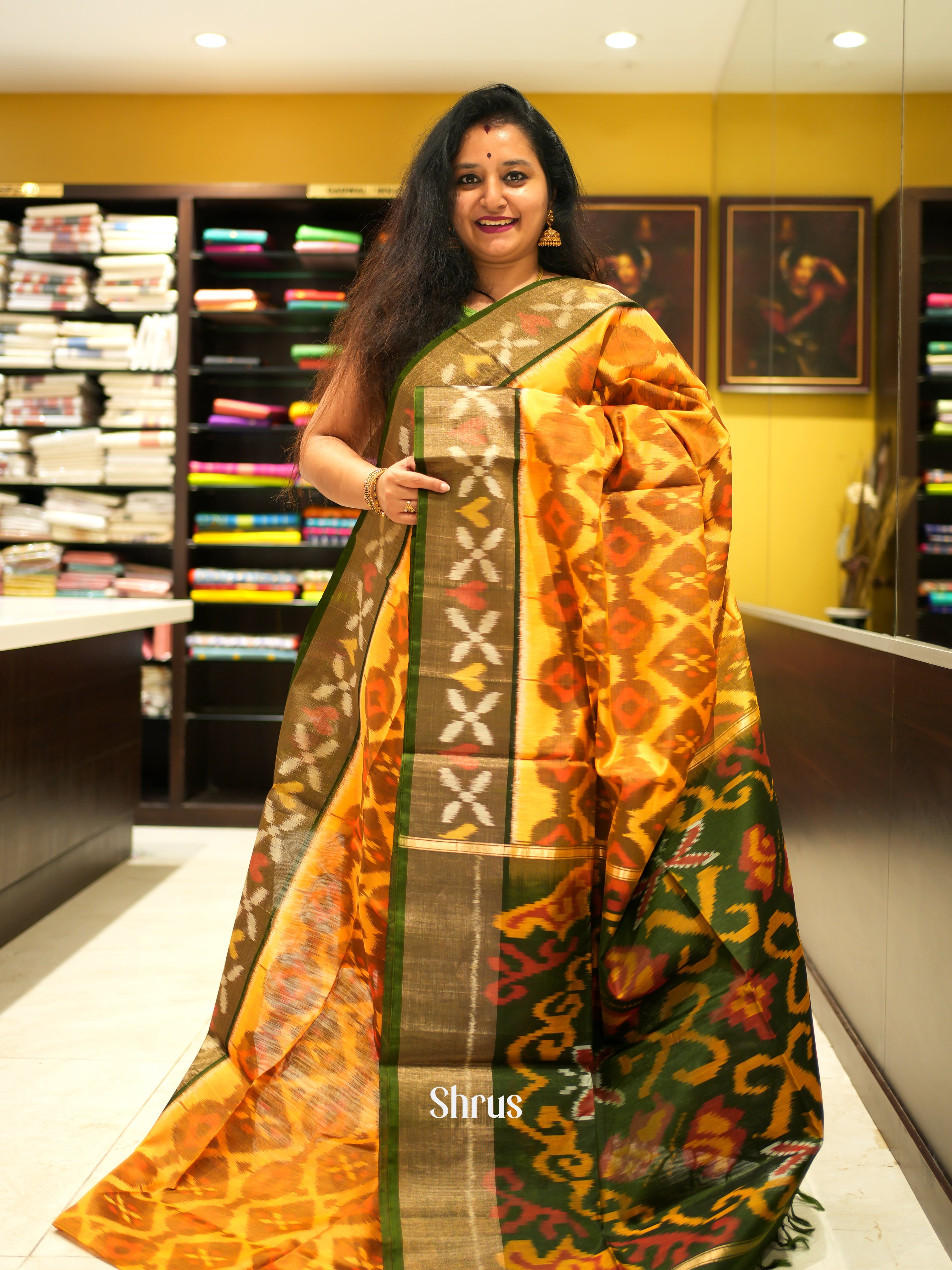 Mustard & Green - Pochampally sico Saree - Shop on ShrusEternity.com