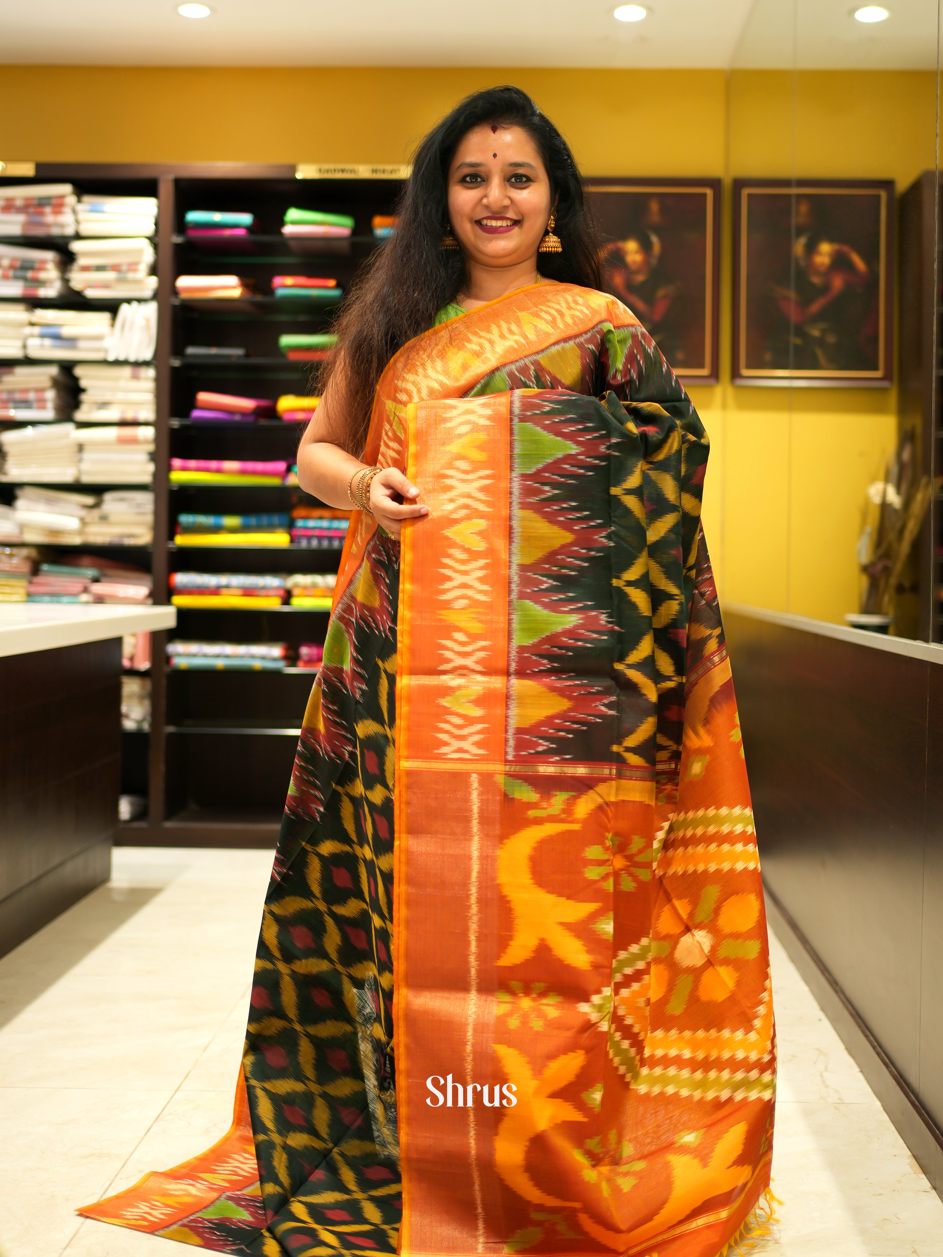 Black & Orange - Pochampally sico Saree - Shop on ShrusEternity.com