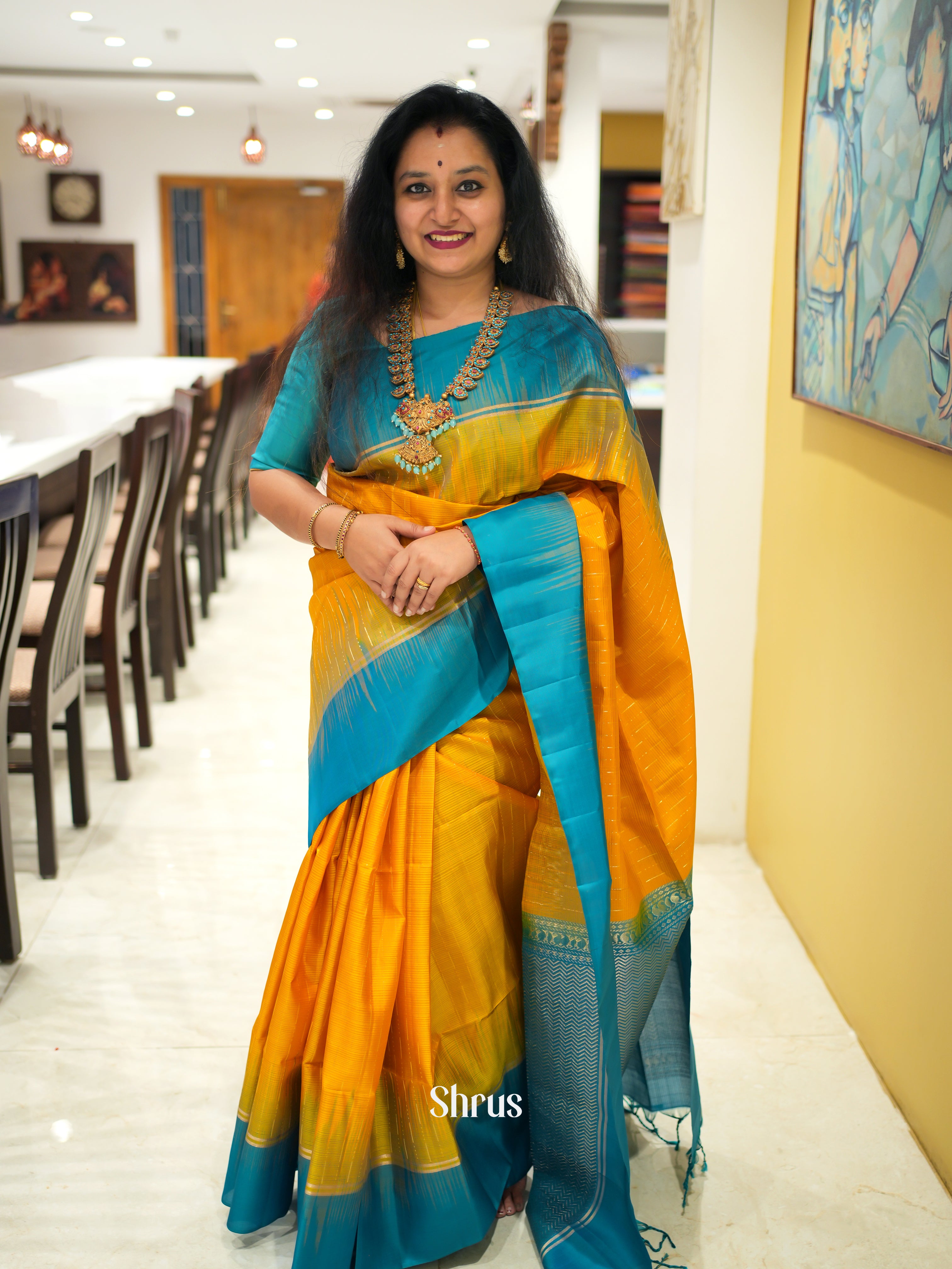 Yellow & Teal - Soft Silk Saree - Shop on ShrusEternity.com