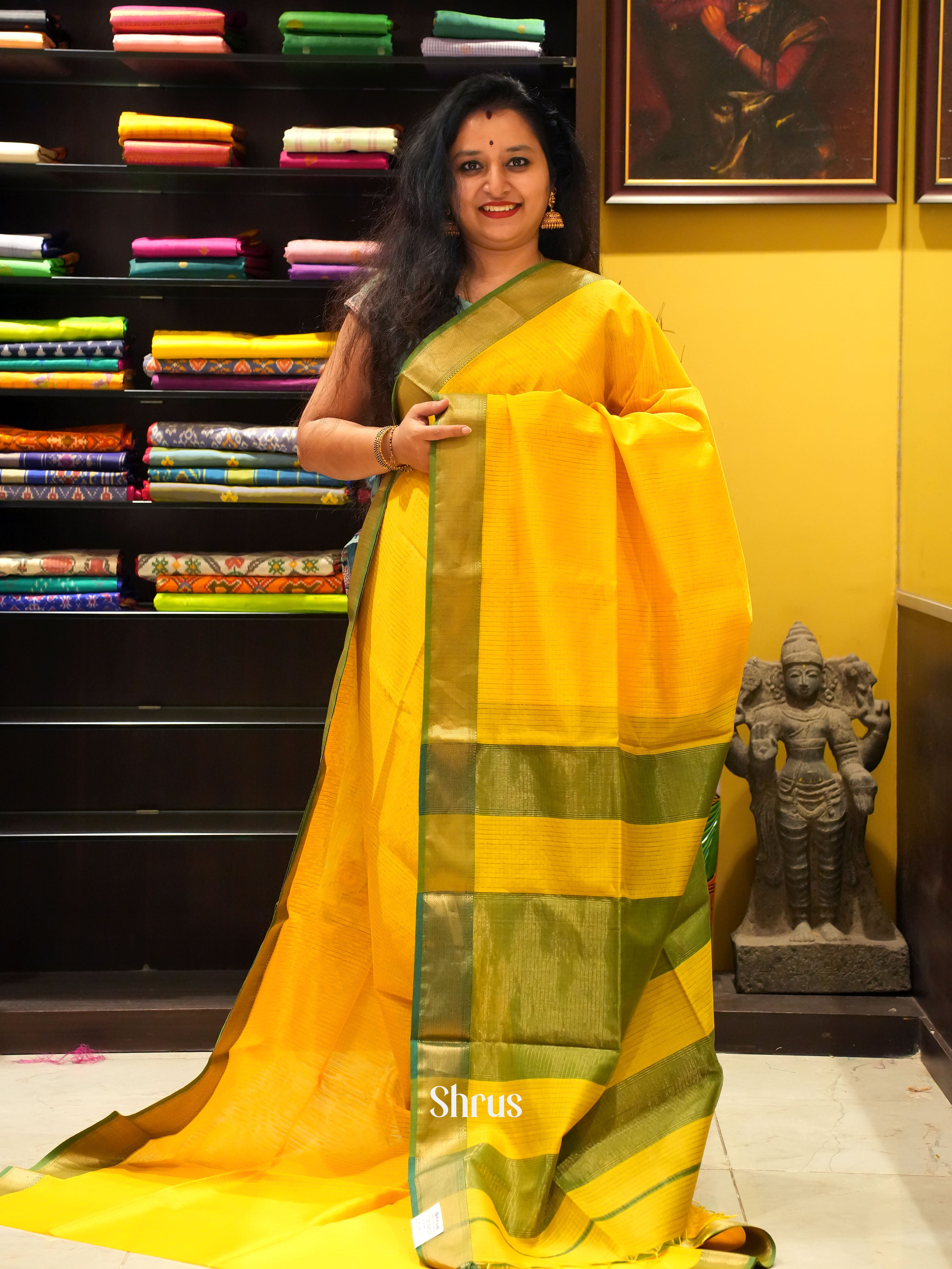 Yellow & Green - Maheshwari silkcotton Saree - Shop on ShrusEternity.com
