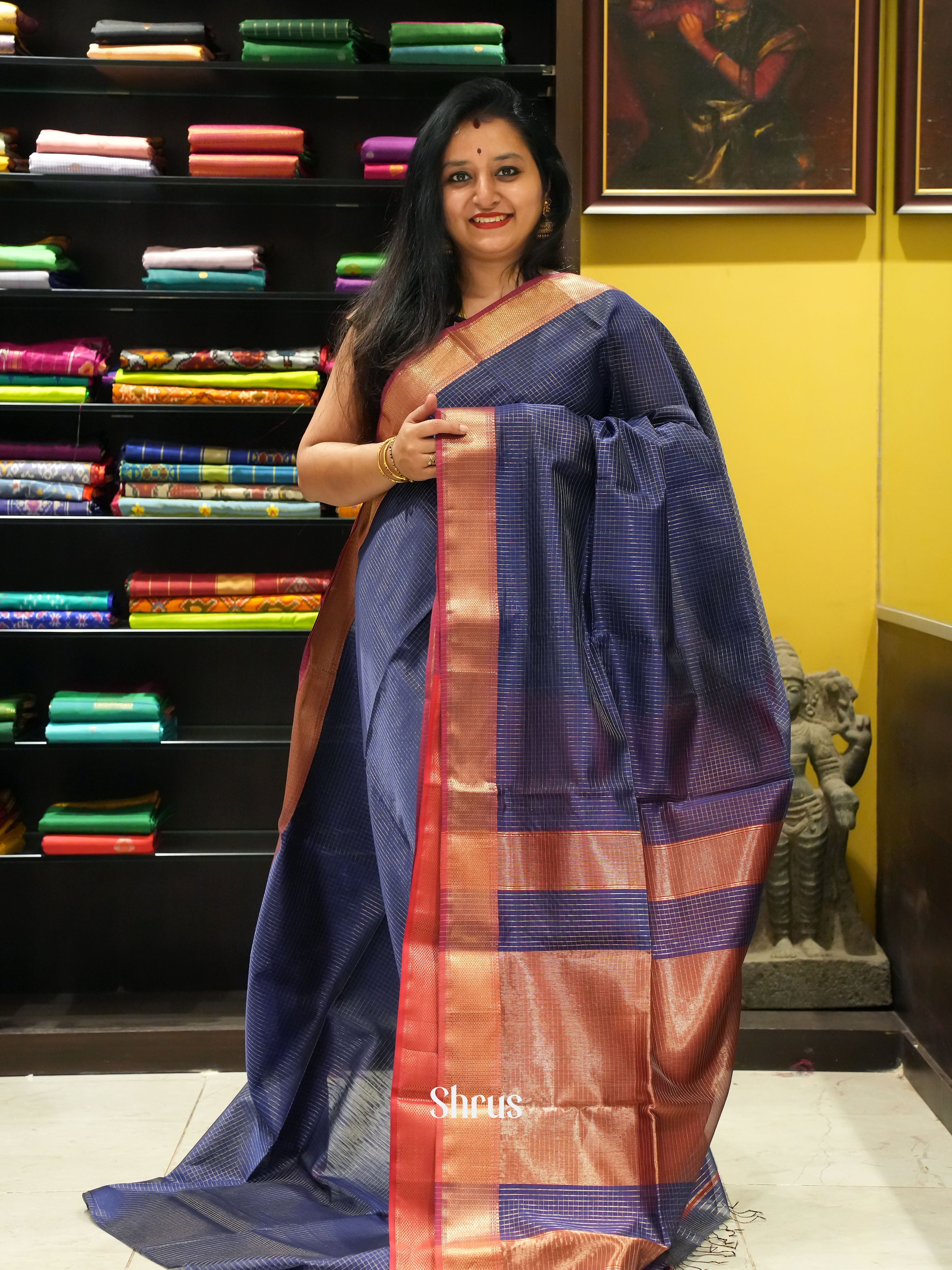 Blue & Maroon - Maheshwari silkcotton Saree - Shop on ShrusEternity.com
