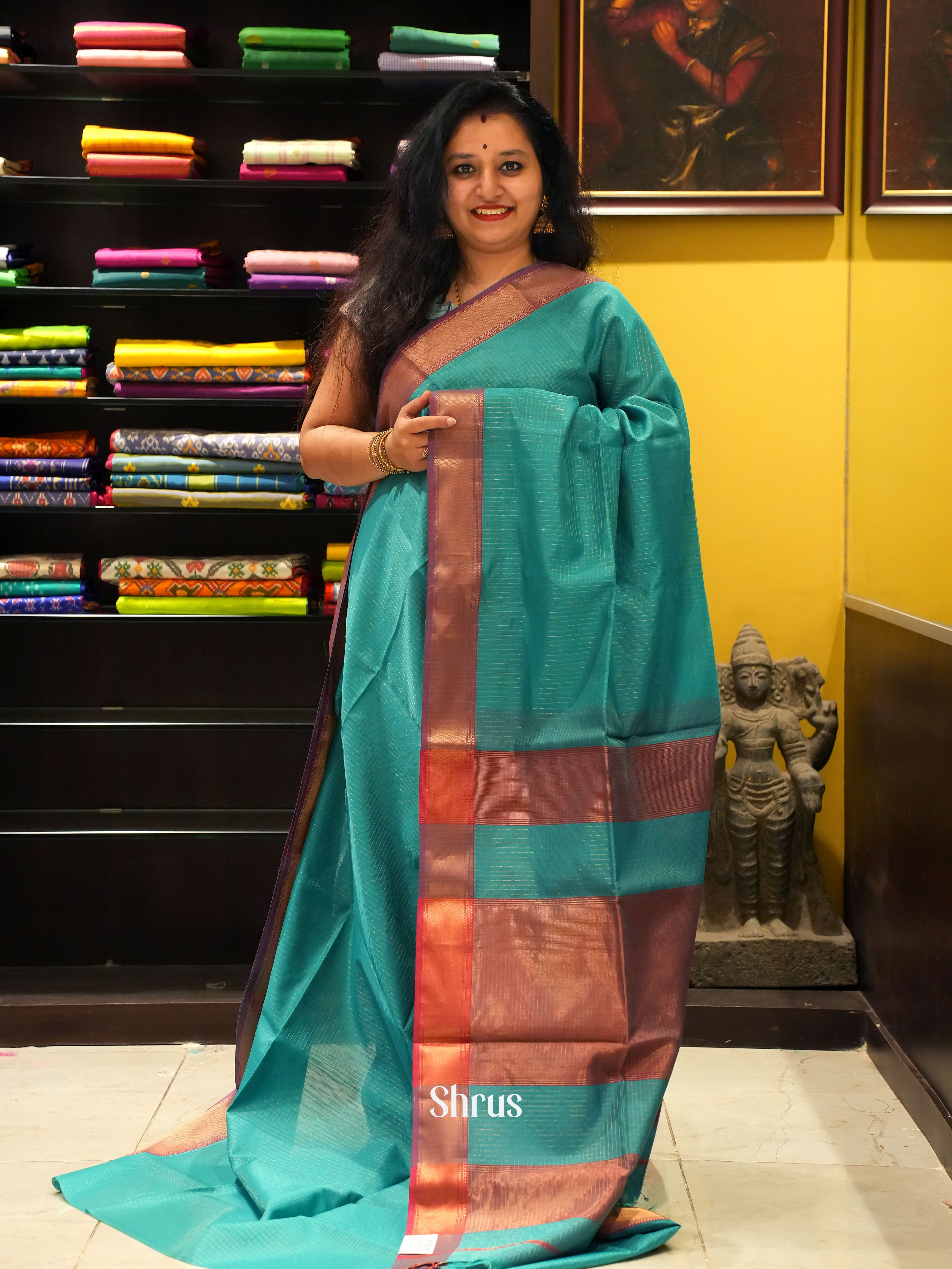 Teal & Red- Maheshwari silkcotton - Shop on ShrusEternity.com
