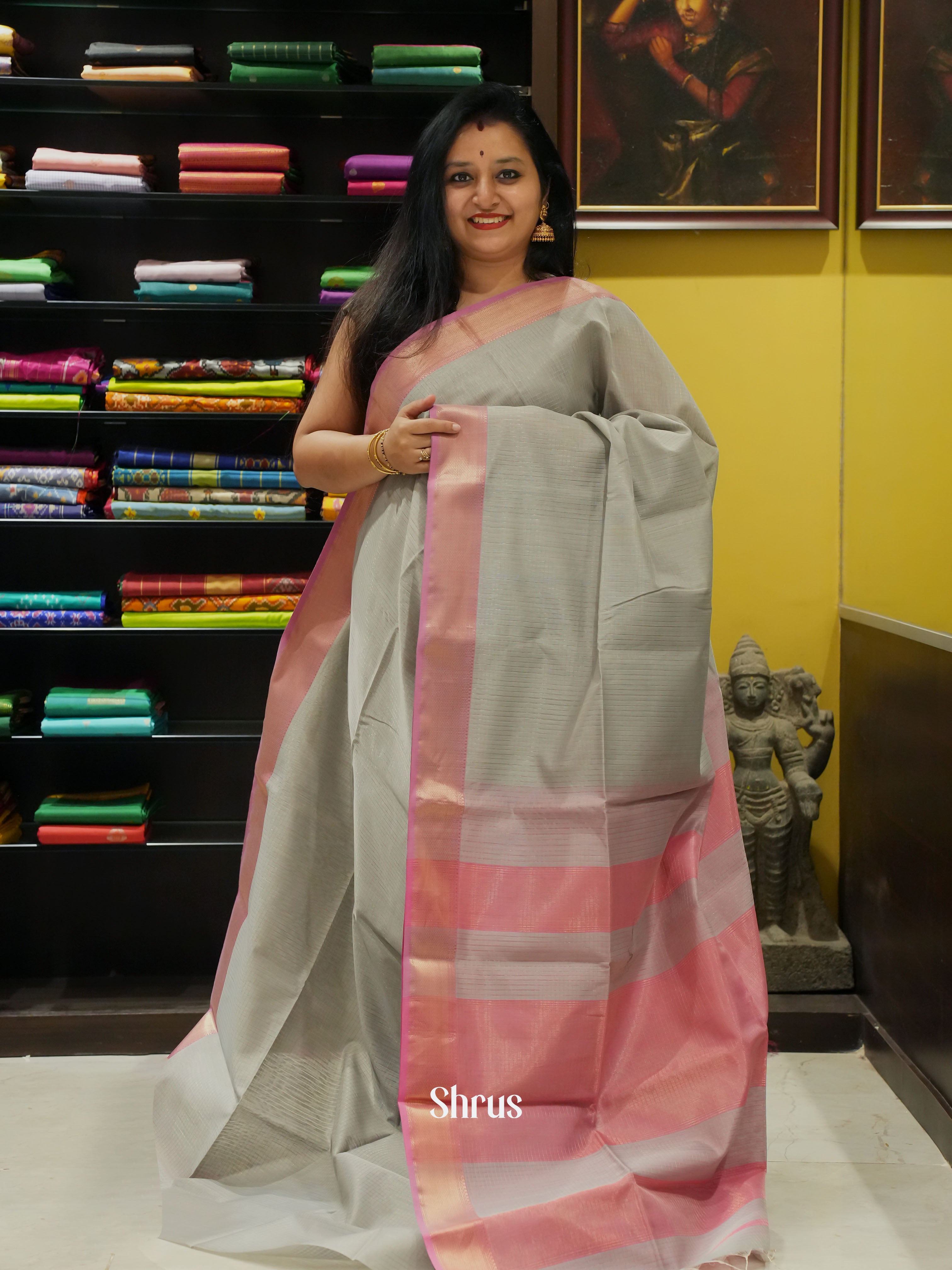 Grey & Pink - Maheshwari silkcotton Saree - Shop on ShrusEternity.com