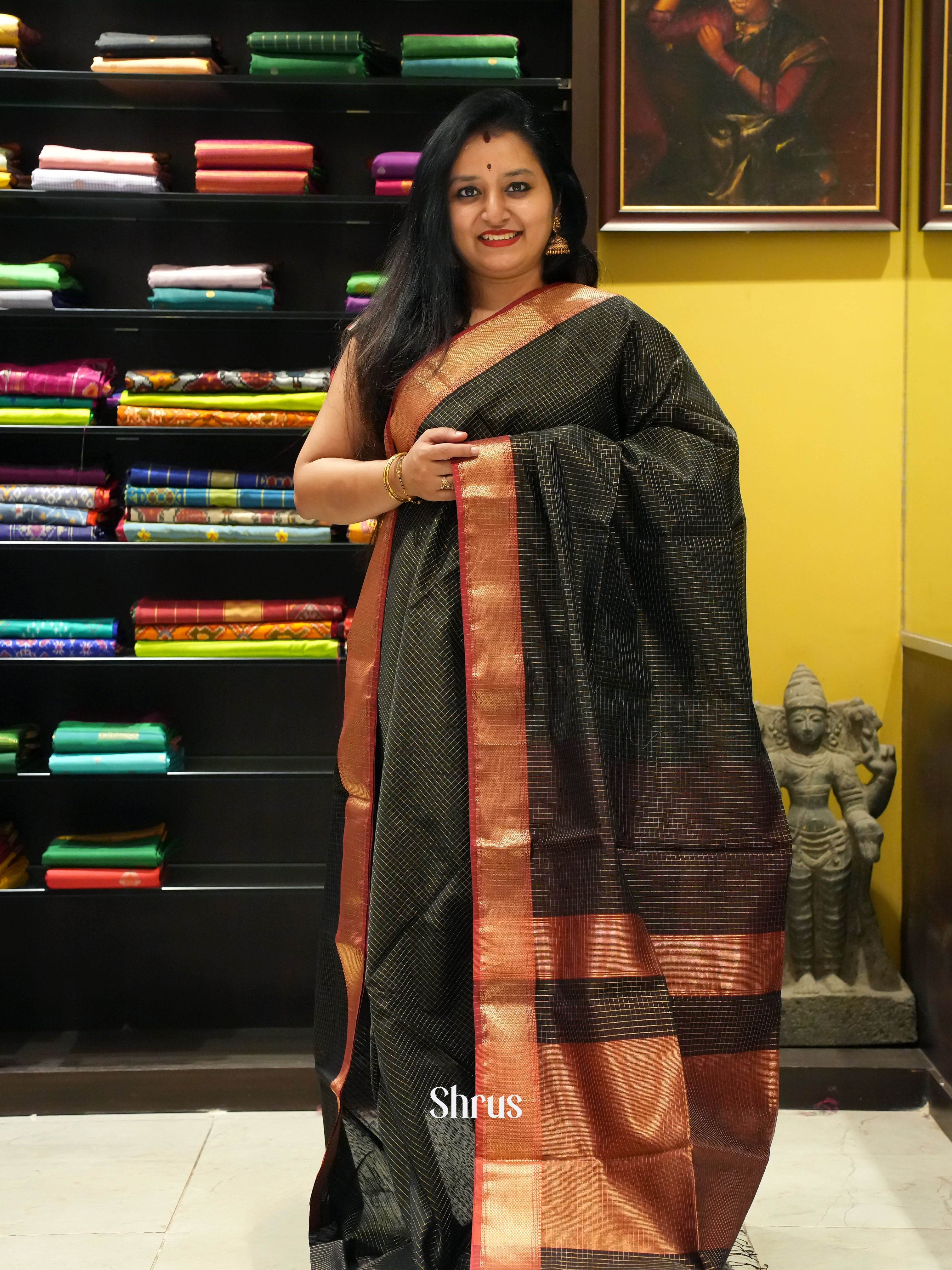 Black & Maroon - Maheshwari silkcotton Saree - Shop on ShrusEternity.com