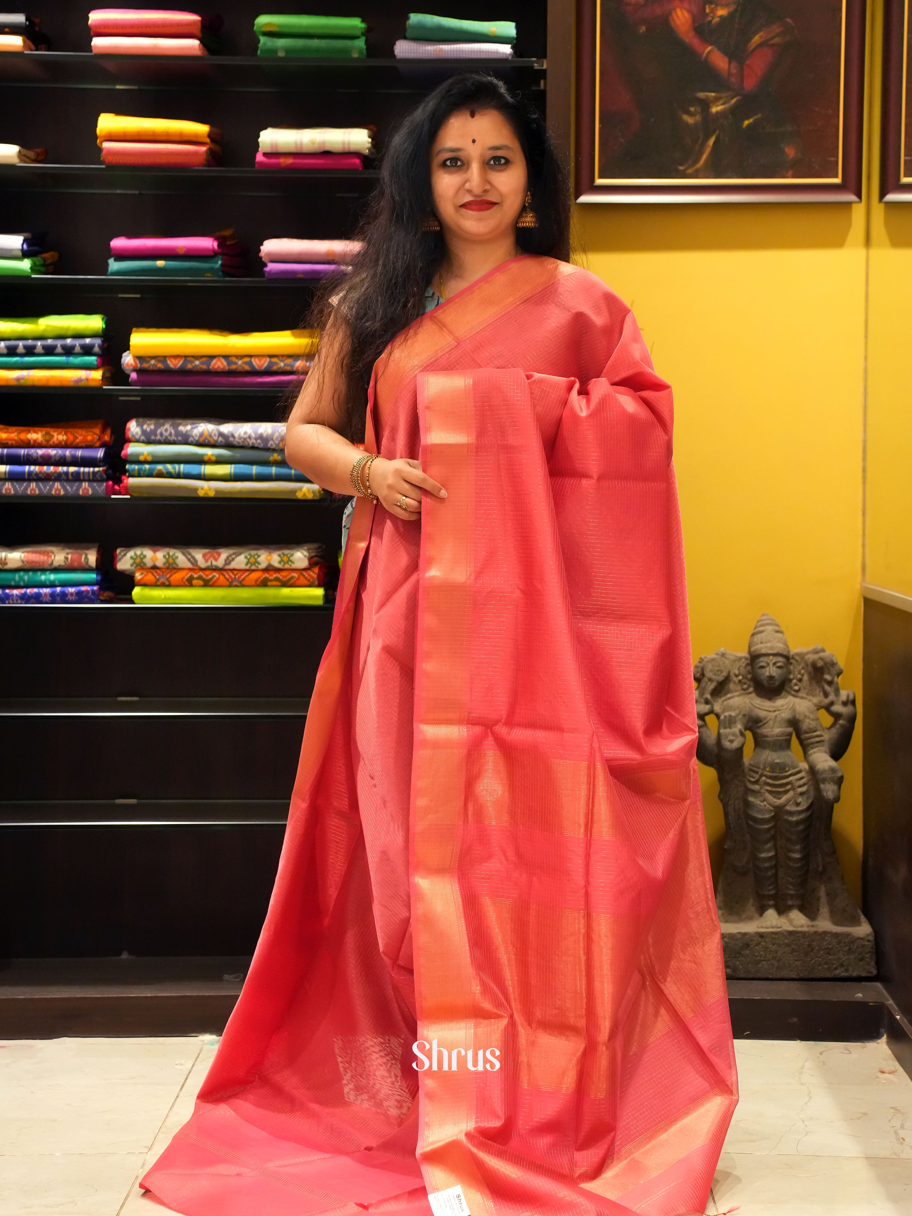 Reddish Pink(Single Tone)- Maheshwari silkcotton - Shop on ShrusEternity.com