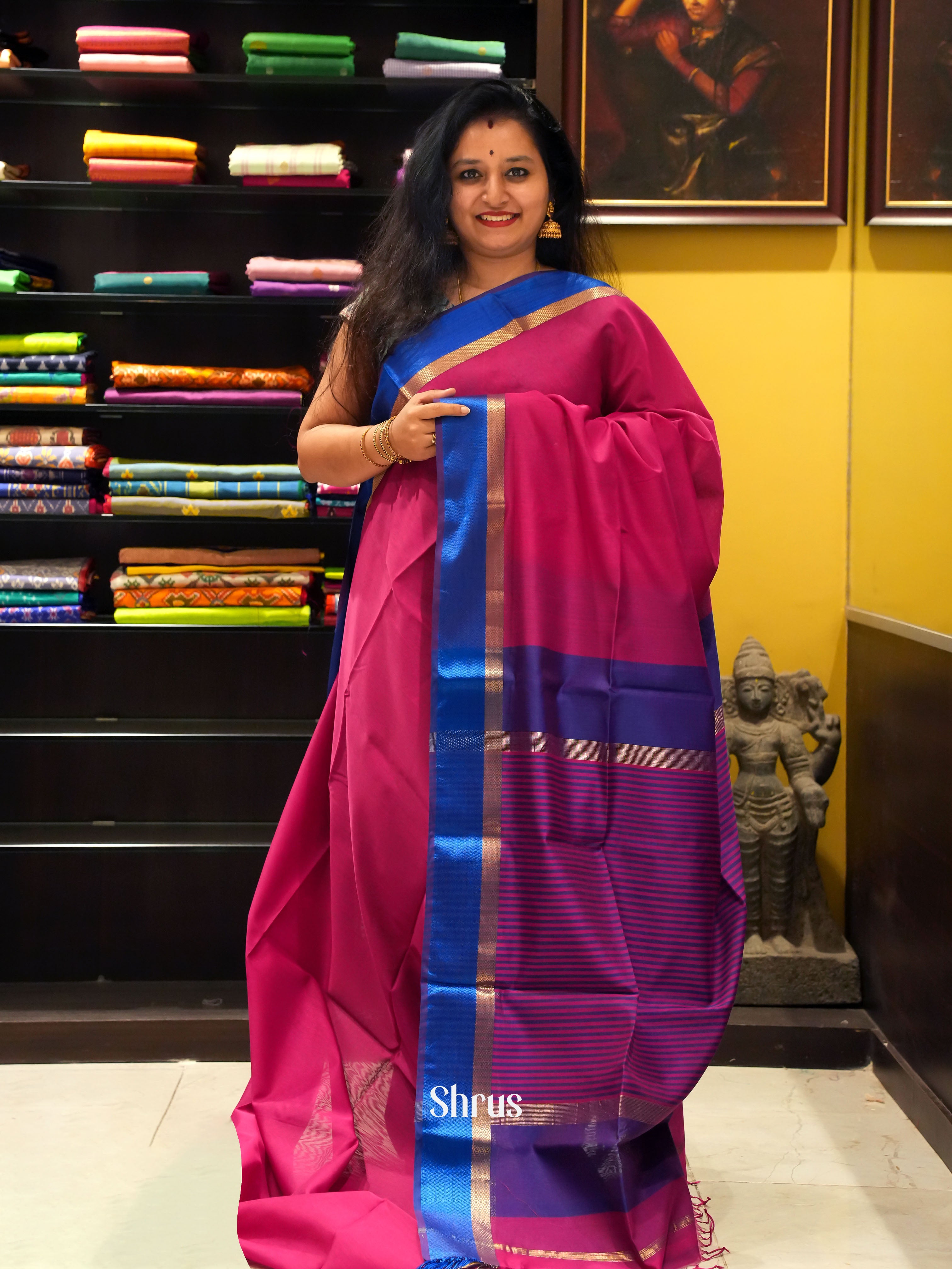 Pink & Purple - Maheshwari silkcotton Saree - Shop on ShrusEternity.com