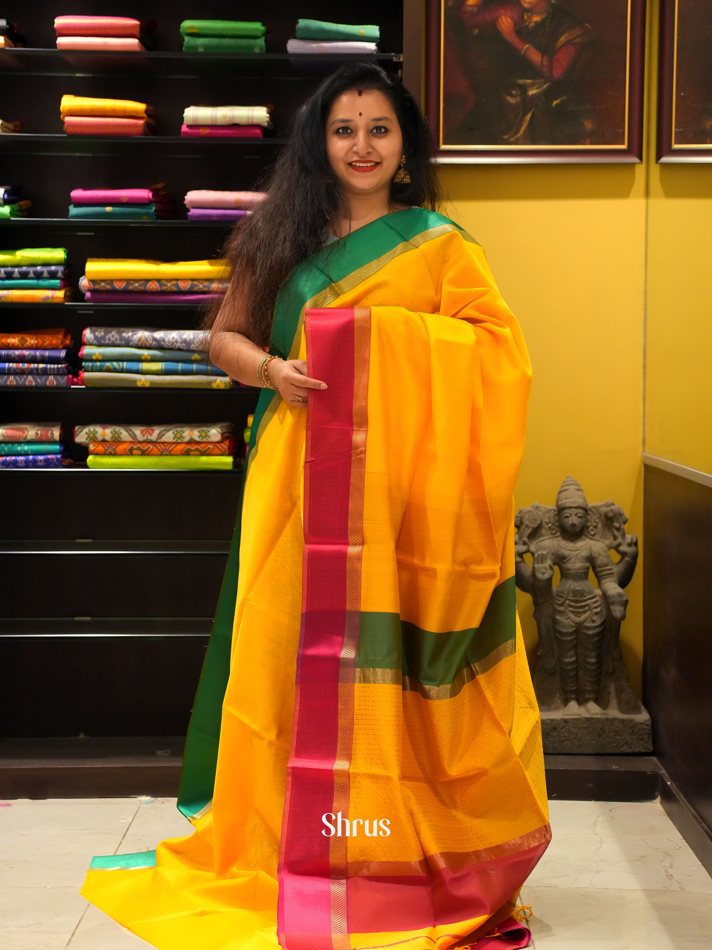 Yellow & Orange - Maheshwari silkcotton Saree - Shop on ShrusEternity.com