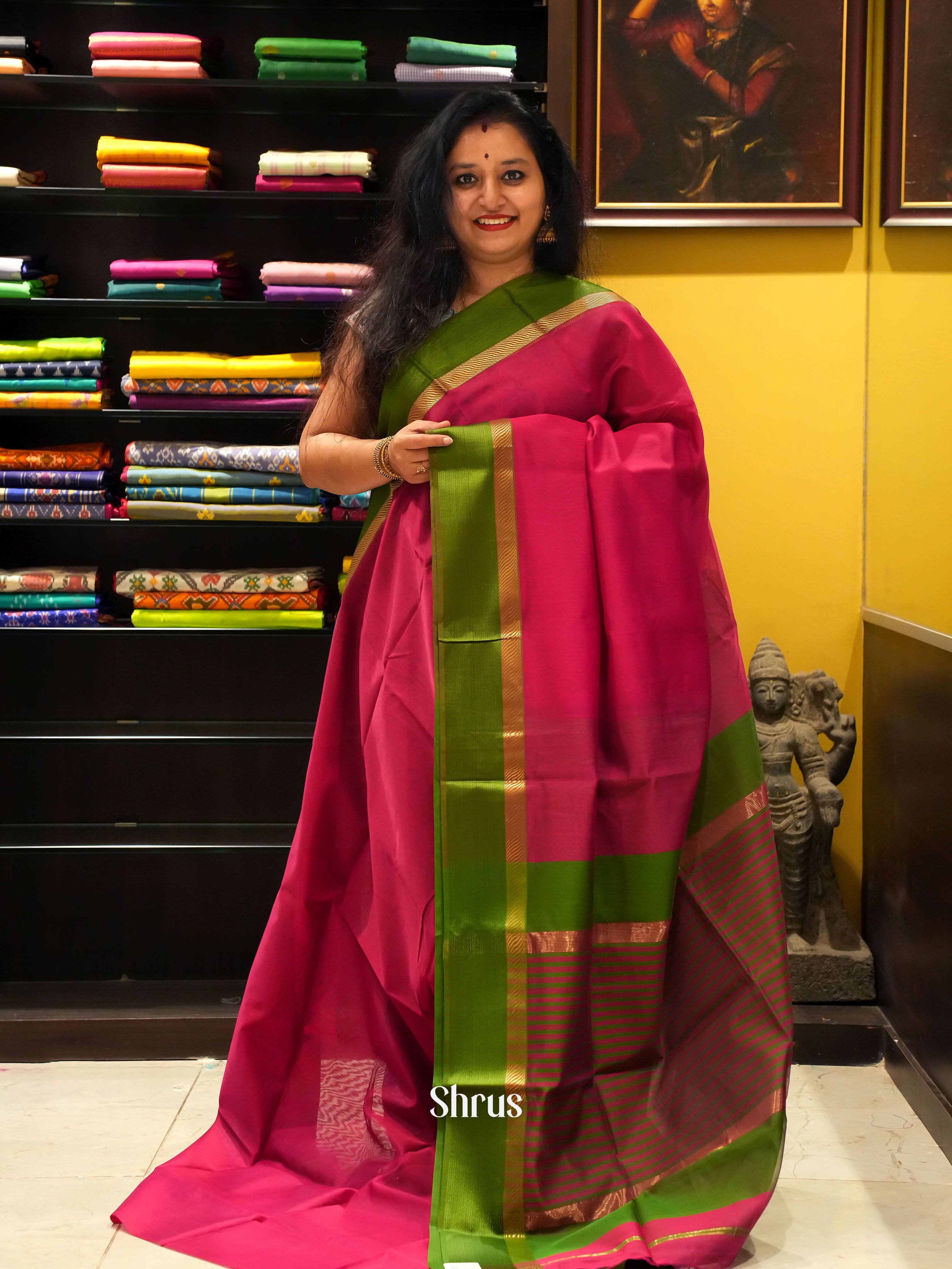 Pink & Green - Maheshwari silkcotton Saree - Shop on ShrusEternity.com