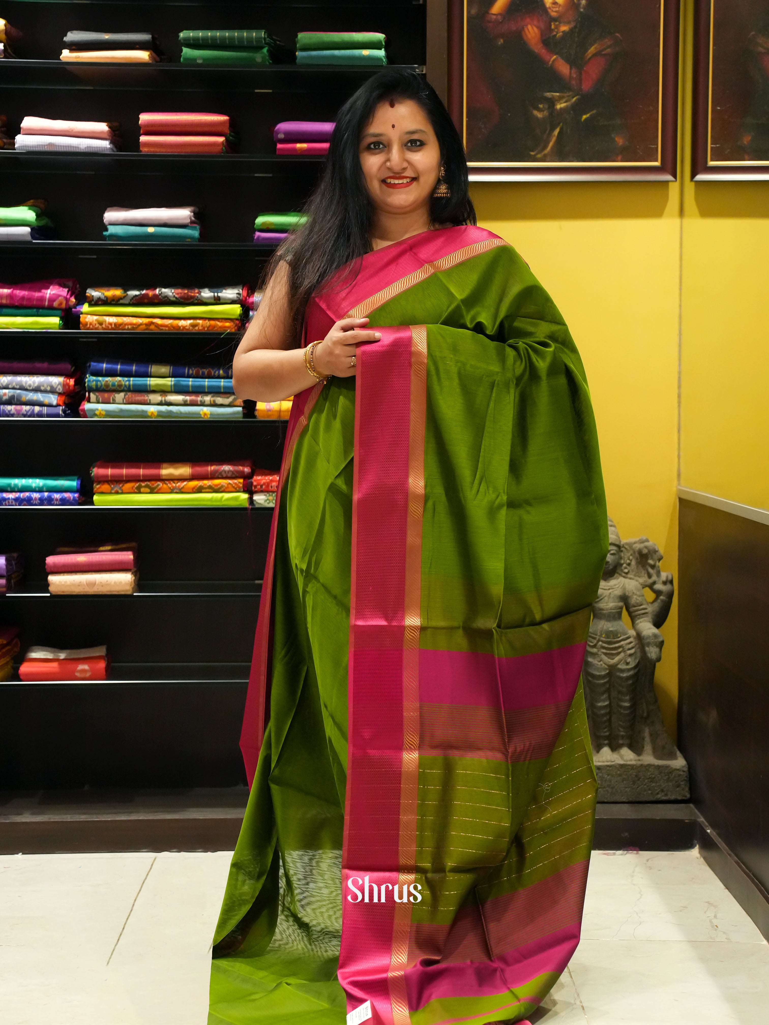 Green & majenta - Maheshwari silkcotton Saree - Shop on ShrusEternity.com