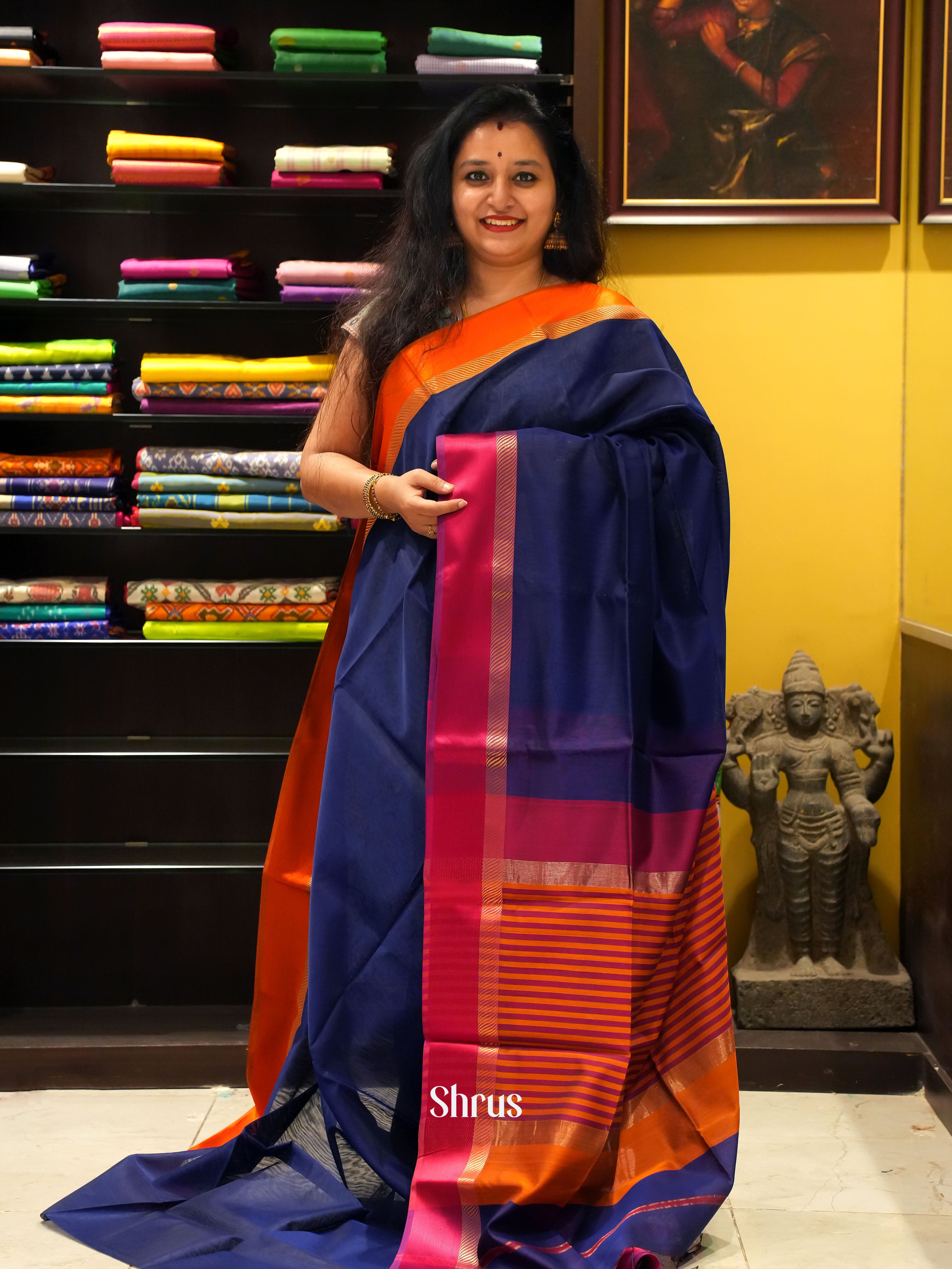 Blue & Maroon - Maheshwari silkcotton Saree - Shop on ShrusEternity.com