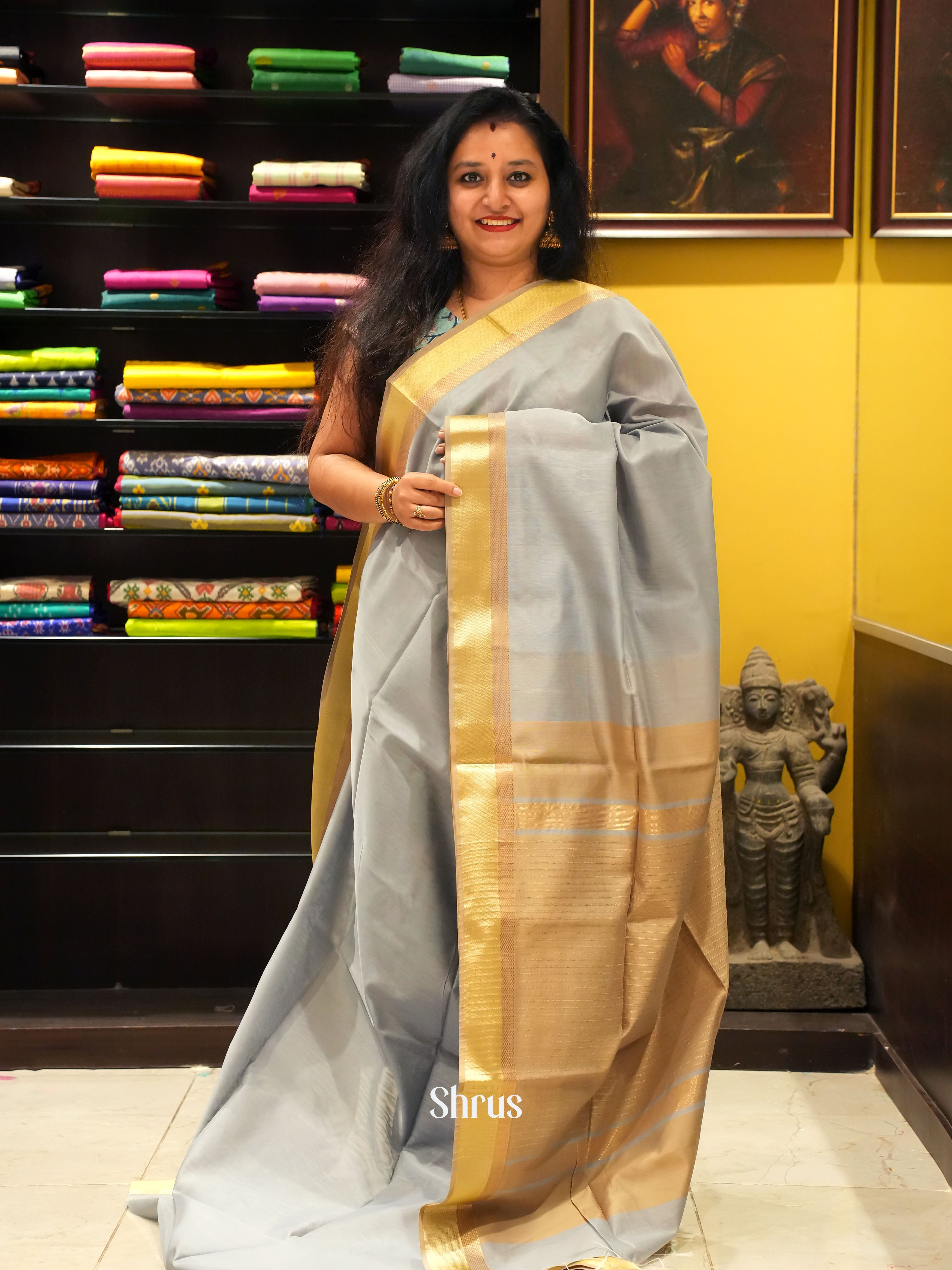 Grey & Beige - Maheshwari silkcotton Saree - Shop on ShrusEternity.com
