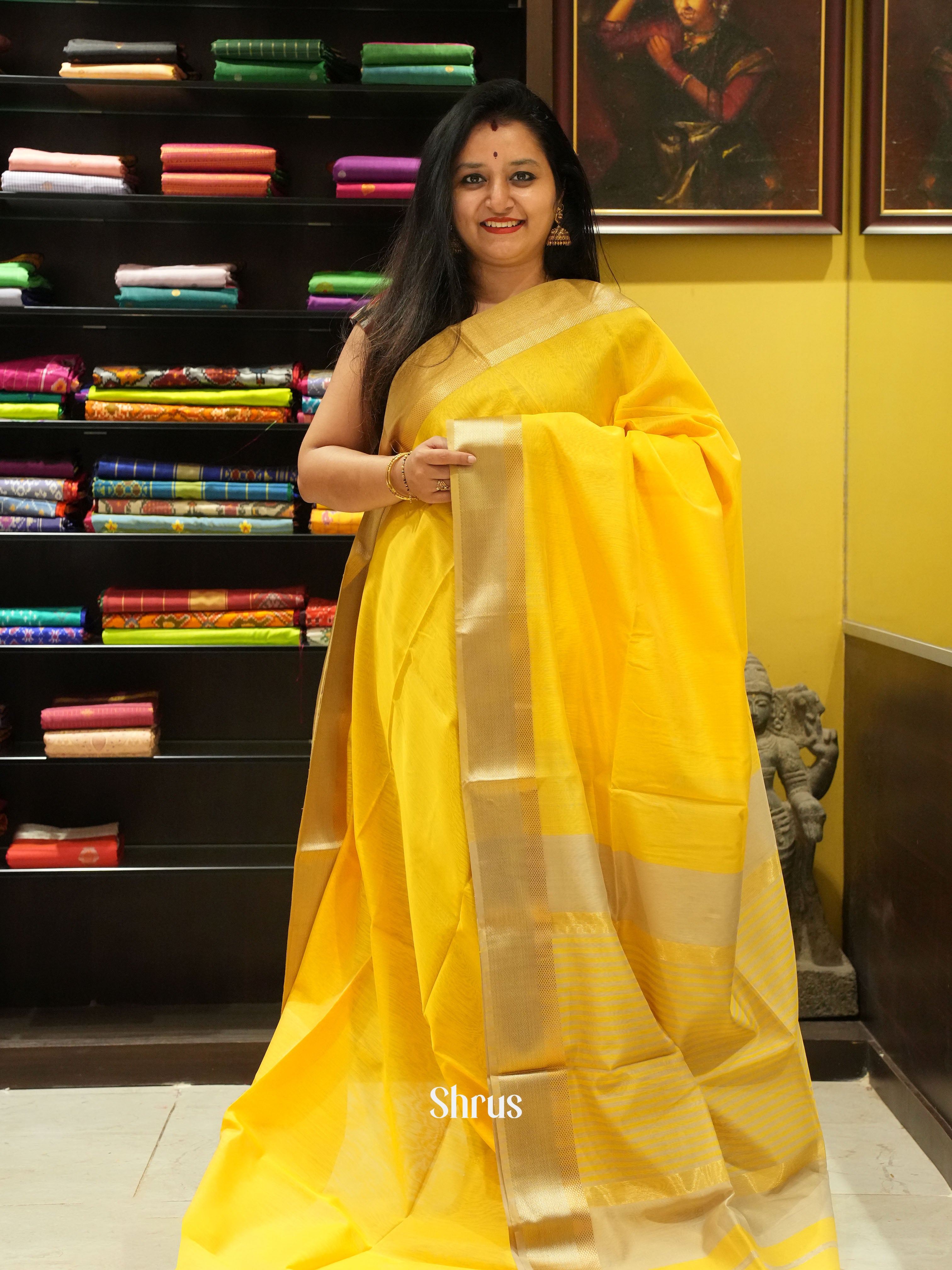 Yellow- Maheshwari silkcotton Saree - Shop on ShrusEternity.com