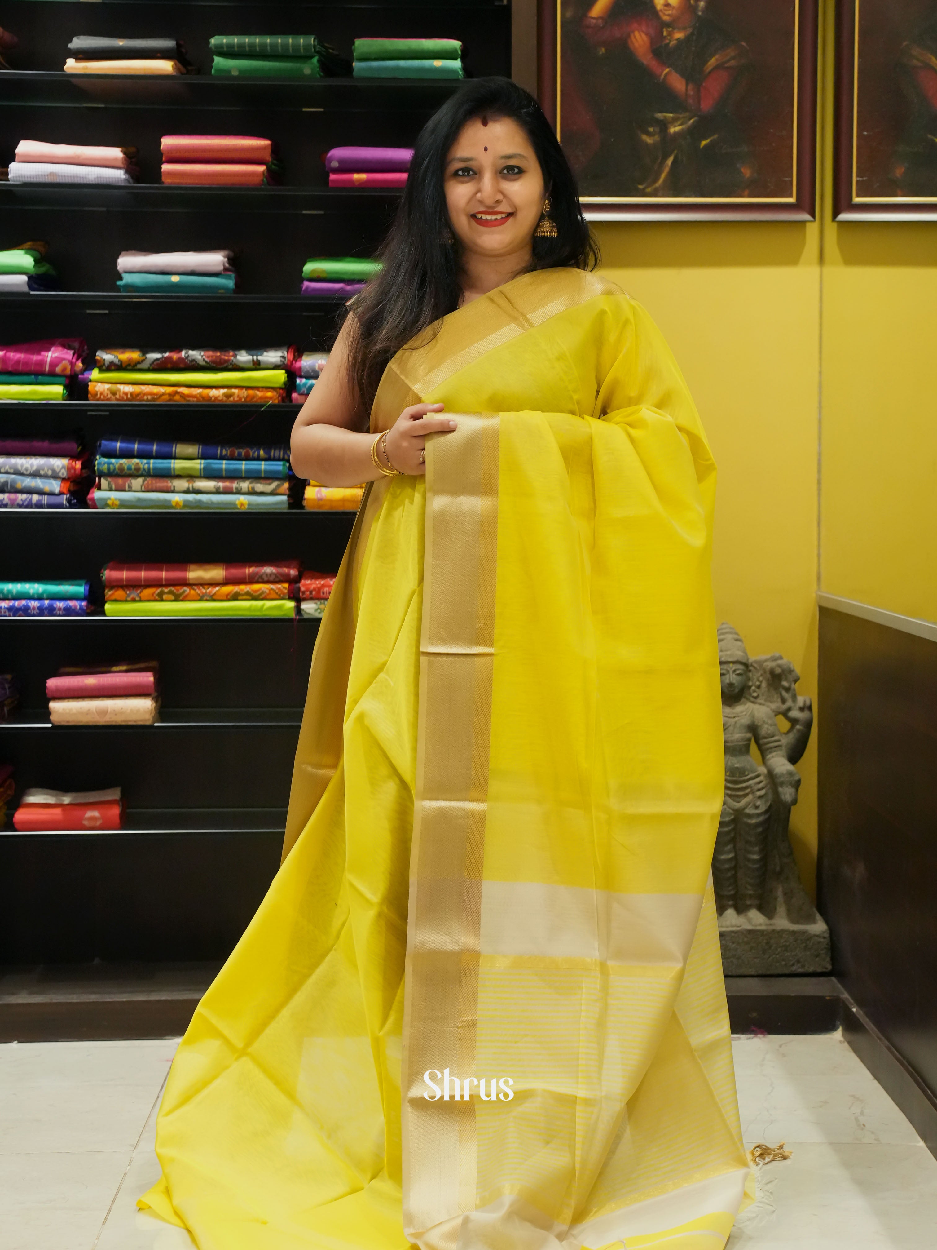 Yellow - Maheshwari silkcotton Saree - Shop on ShrusEternity.com