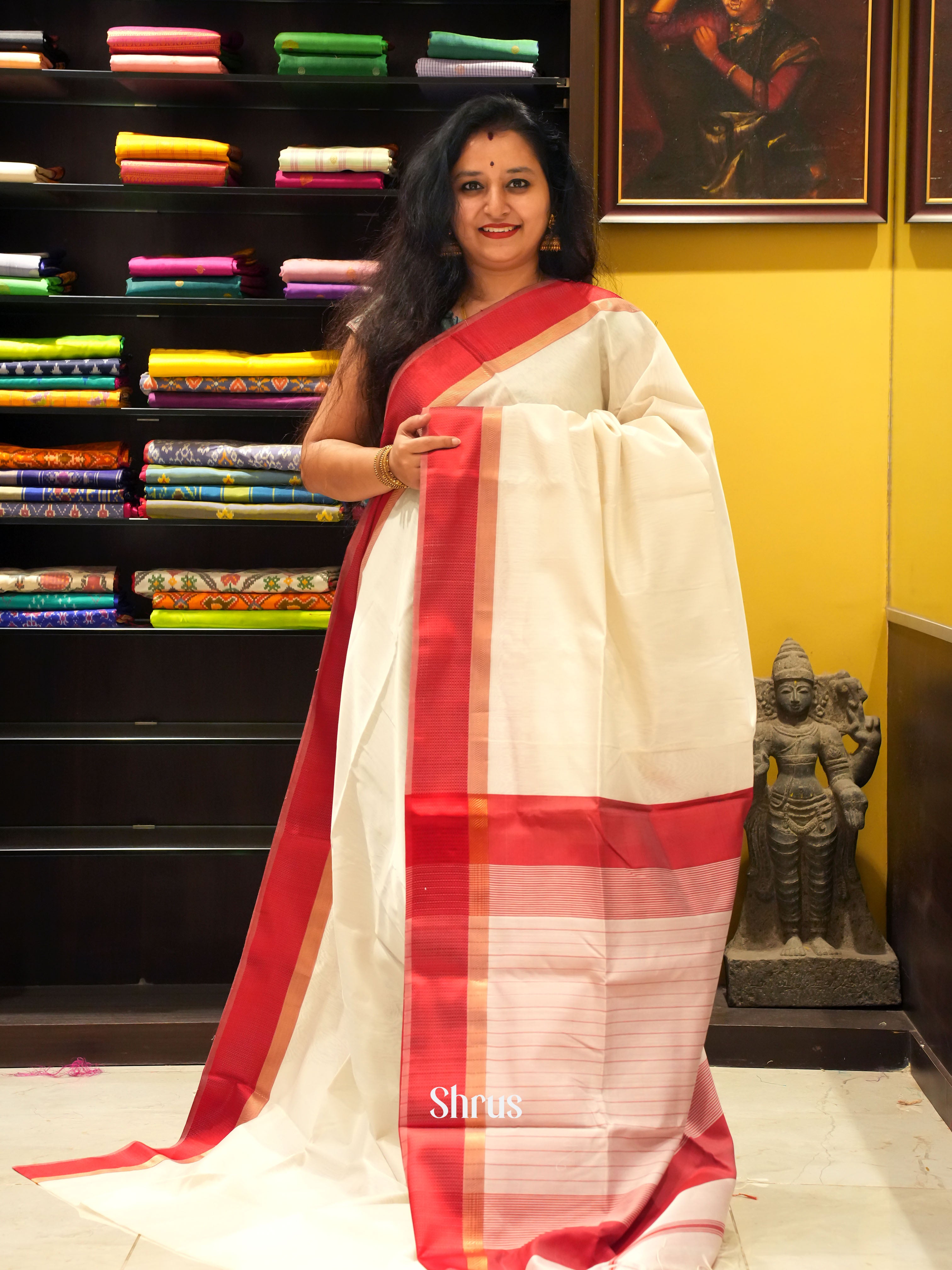 Cream & Red - Maheshwari silkcotton Saree - Shop on ShrusEternity.com