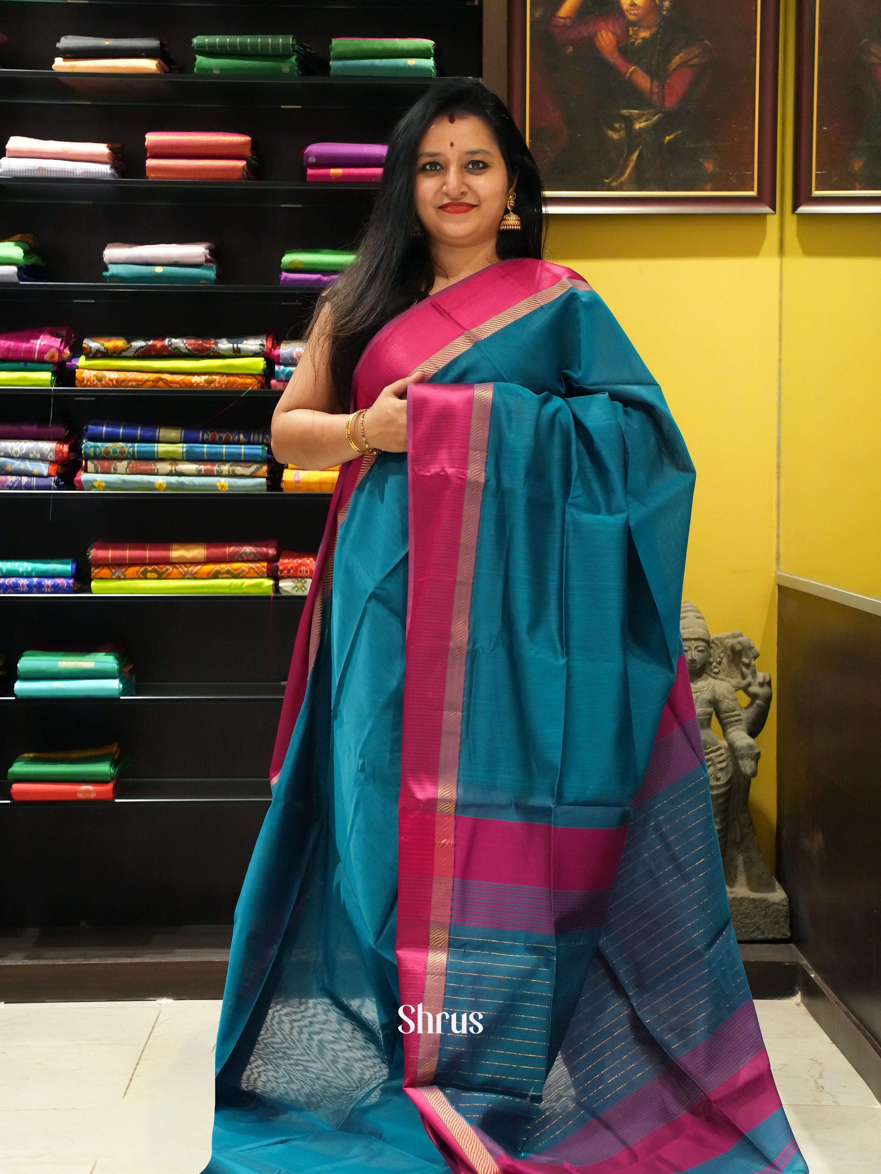 Blue & Pink - Maheshwari silkcotton Saree - Shop on ShrusEternity.com