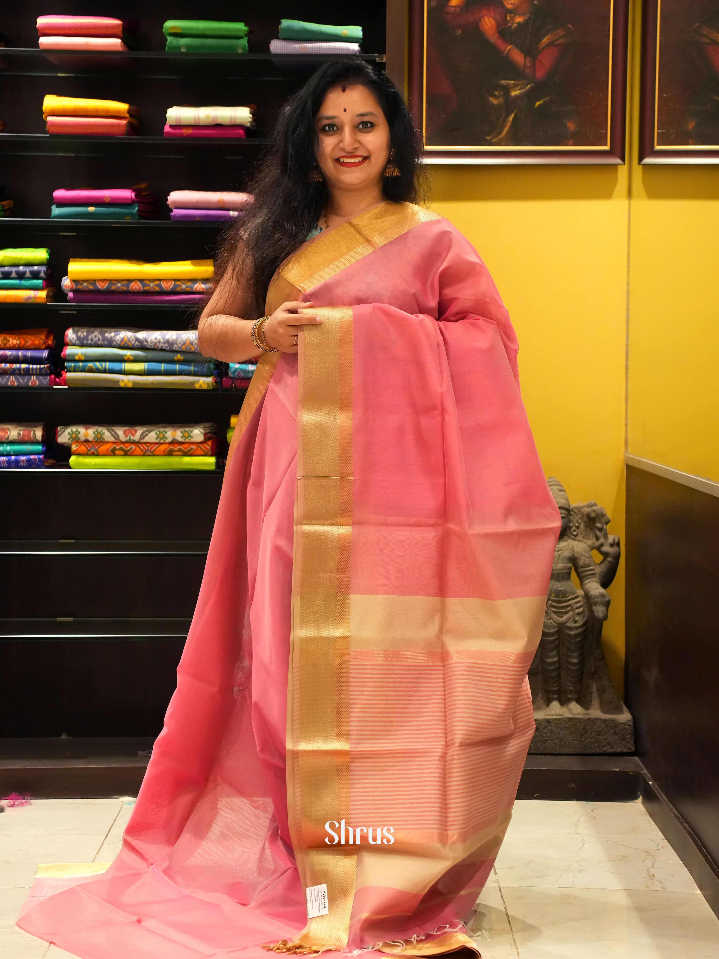 Pink & Peach - Maheshwari silkcotton Saree - Shop on ShrusEternity.com