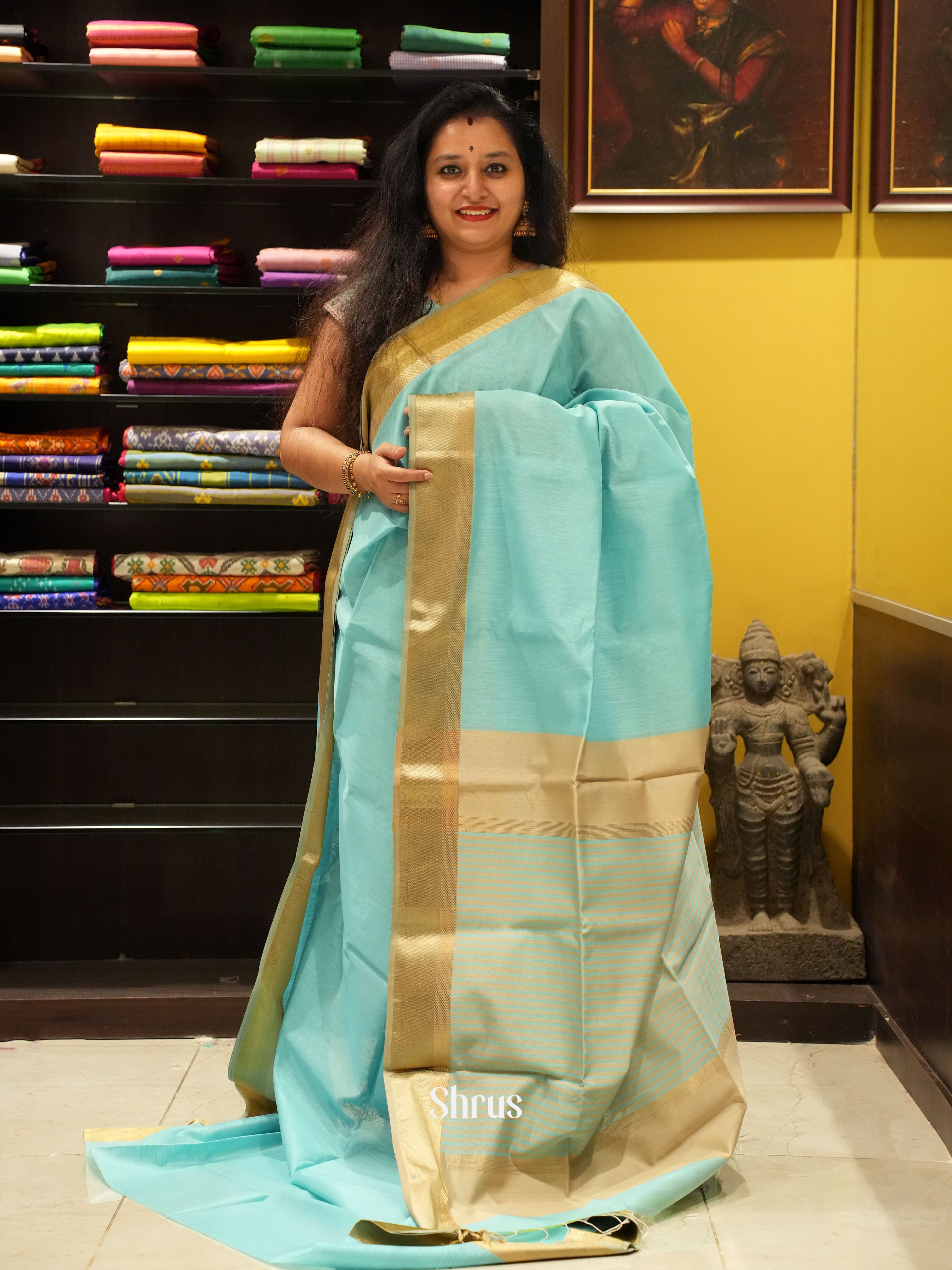Teal & Gold - Maheshwari silkcotton Saree - Shop on ShrusEternity.com