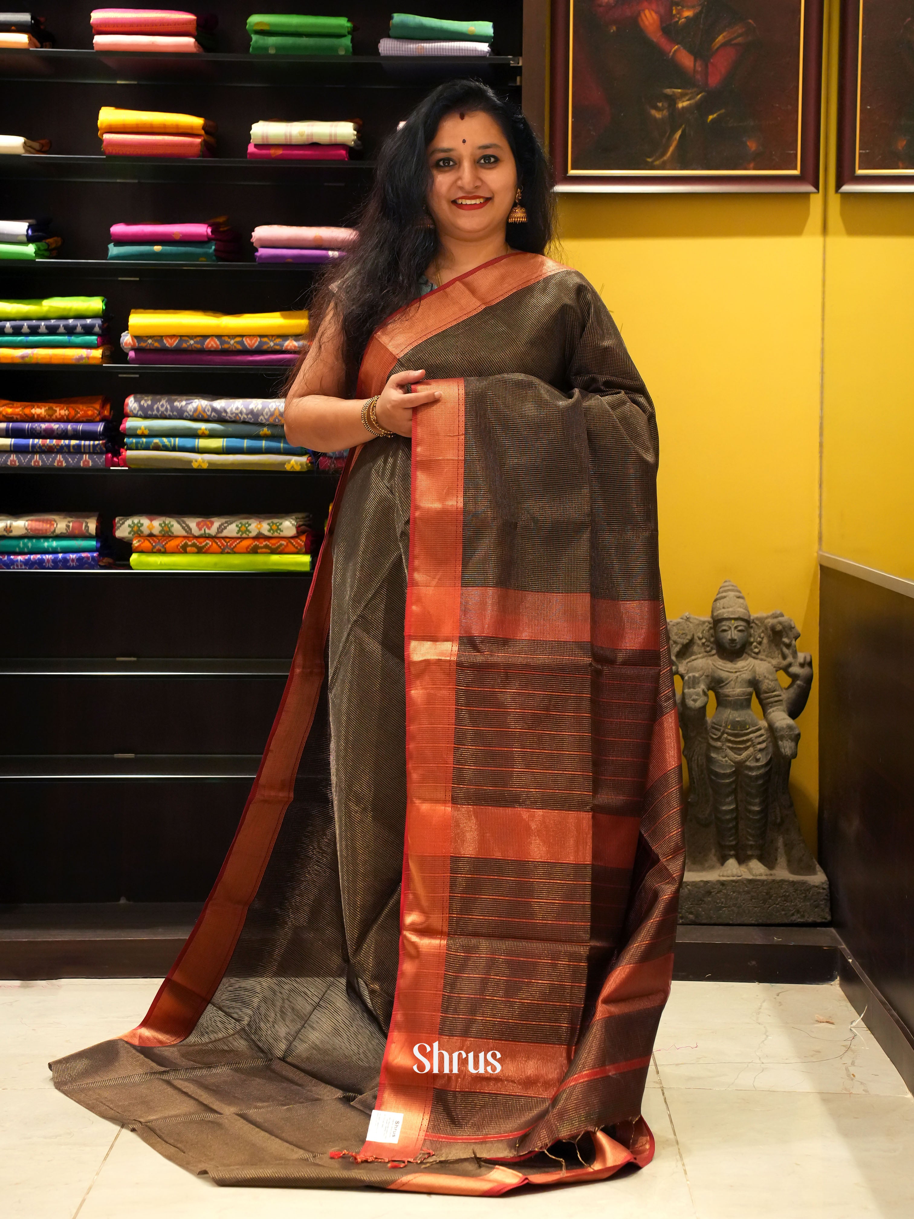 Black & Red - Maheshwari silkcotton Saree - Shop on ShrusEternity.com