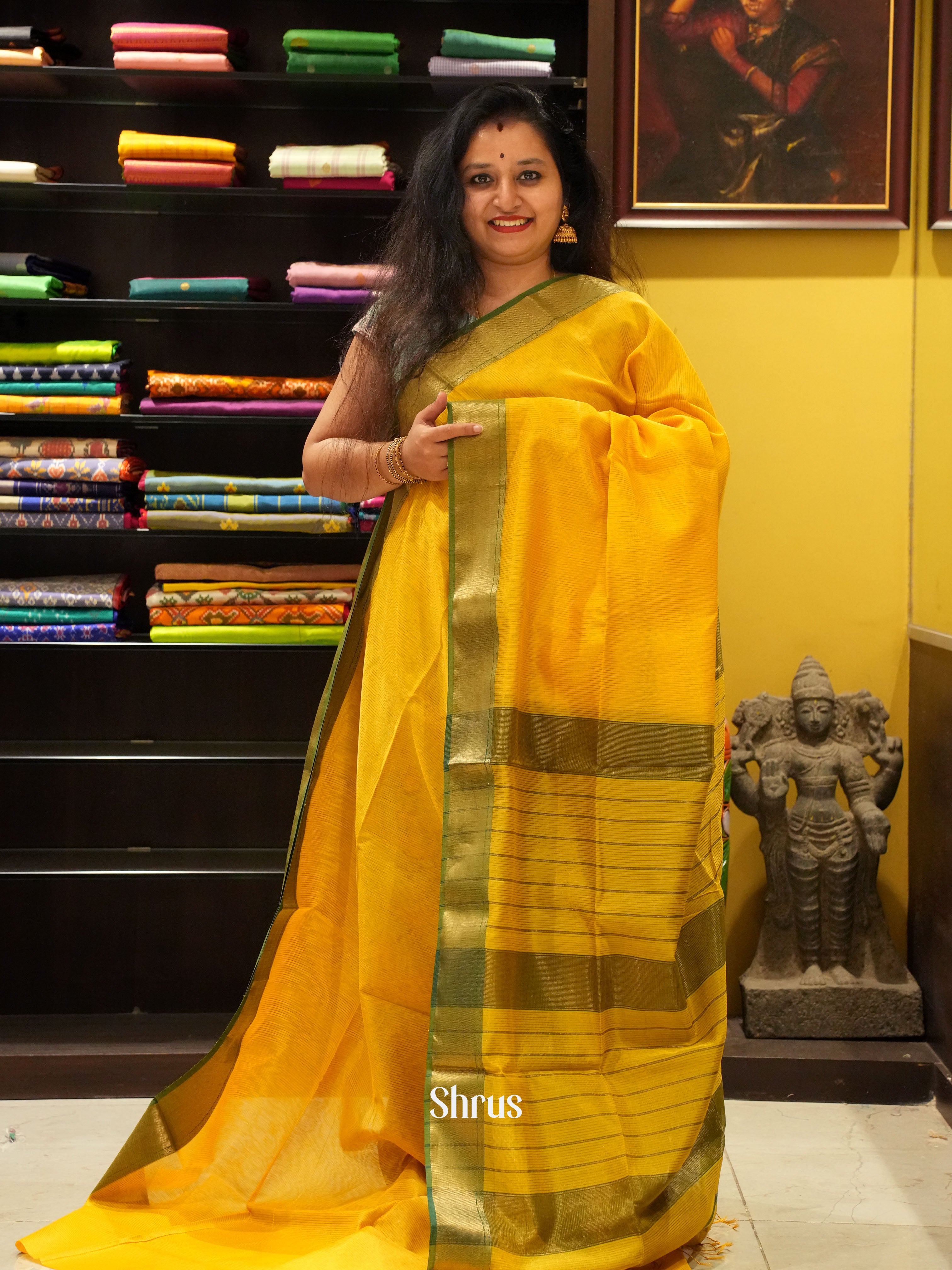Yellow & Green - Maheshwari silkcotton Saree - Shop on ShrusEternity.com