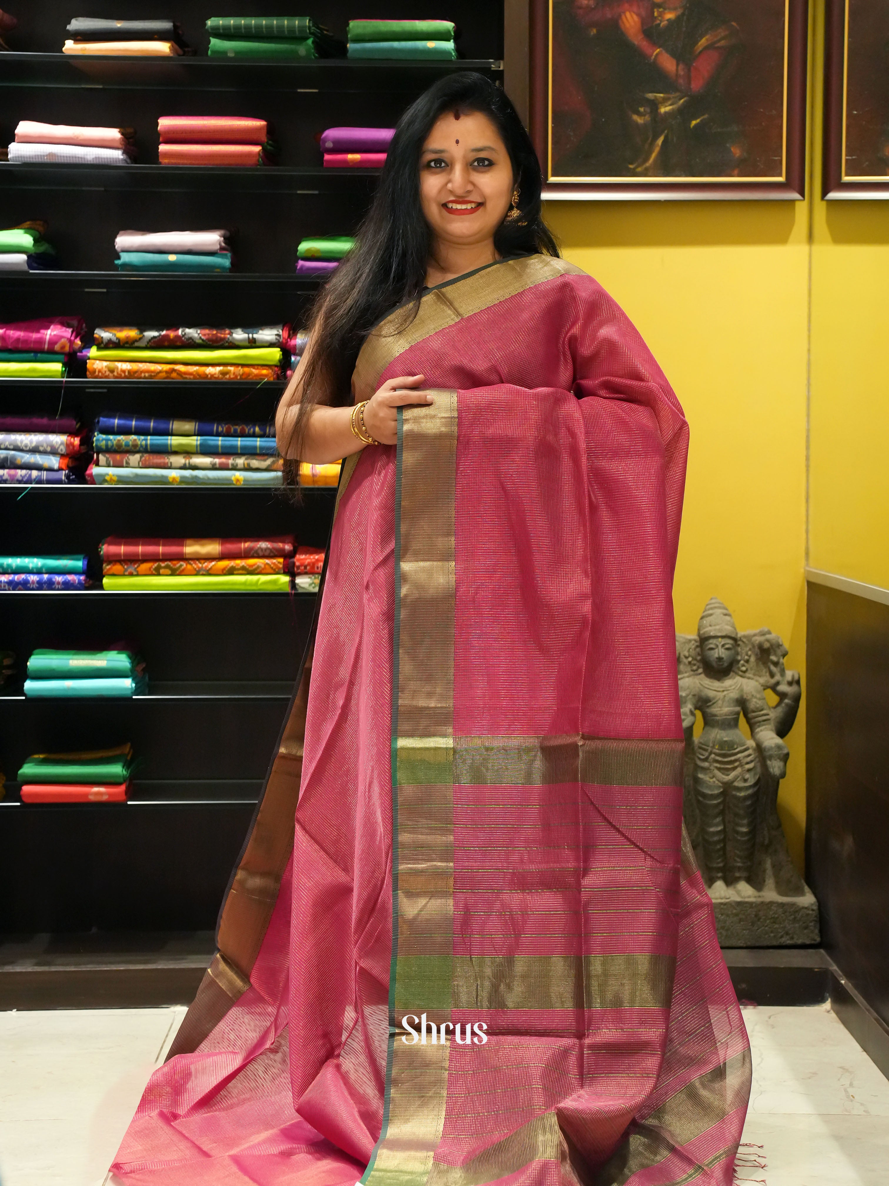 Pink & Brown - Maheshwari silkcotton Saree - Shop on ShrusEternity.com