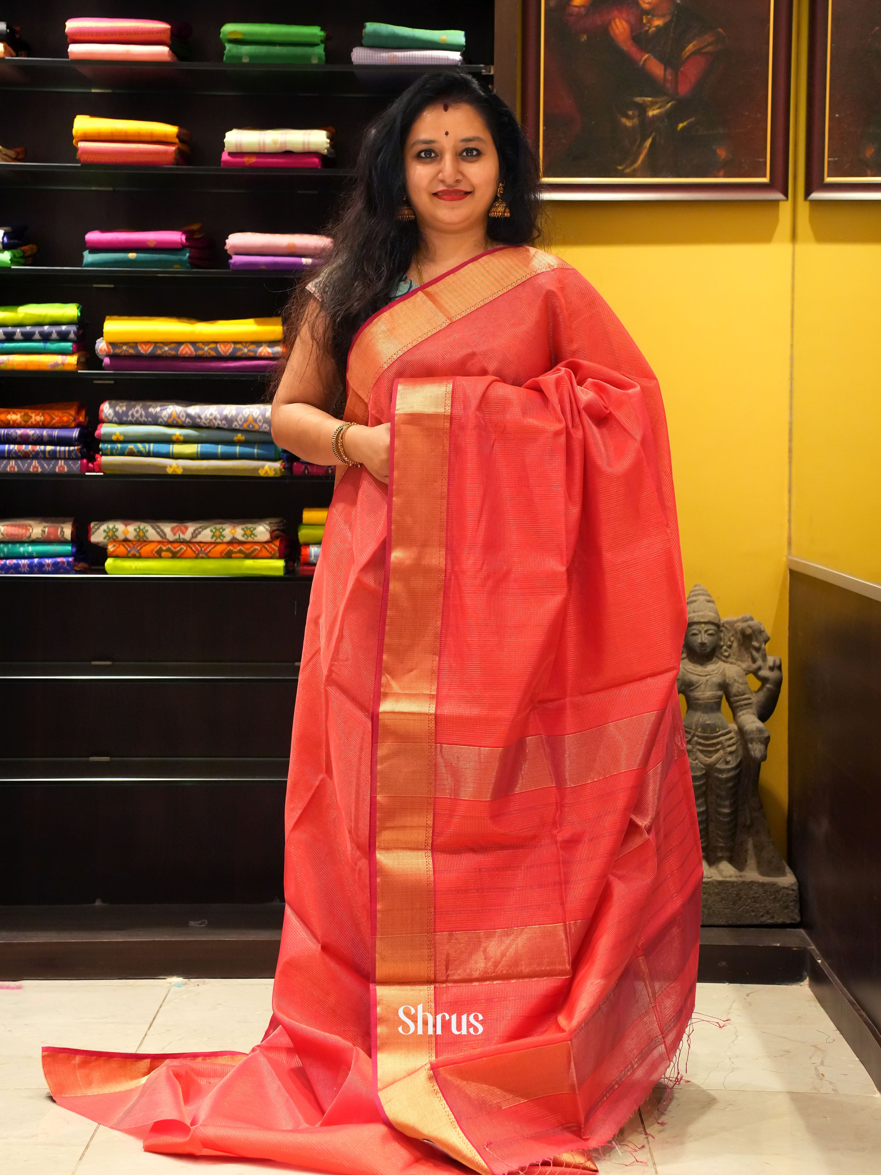 Red(Single Tone) - Maheshwari silkcotton Saree - Shop on ShrusEternity.com