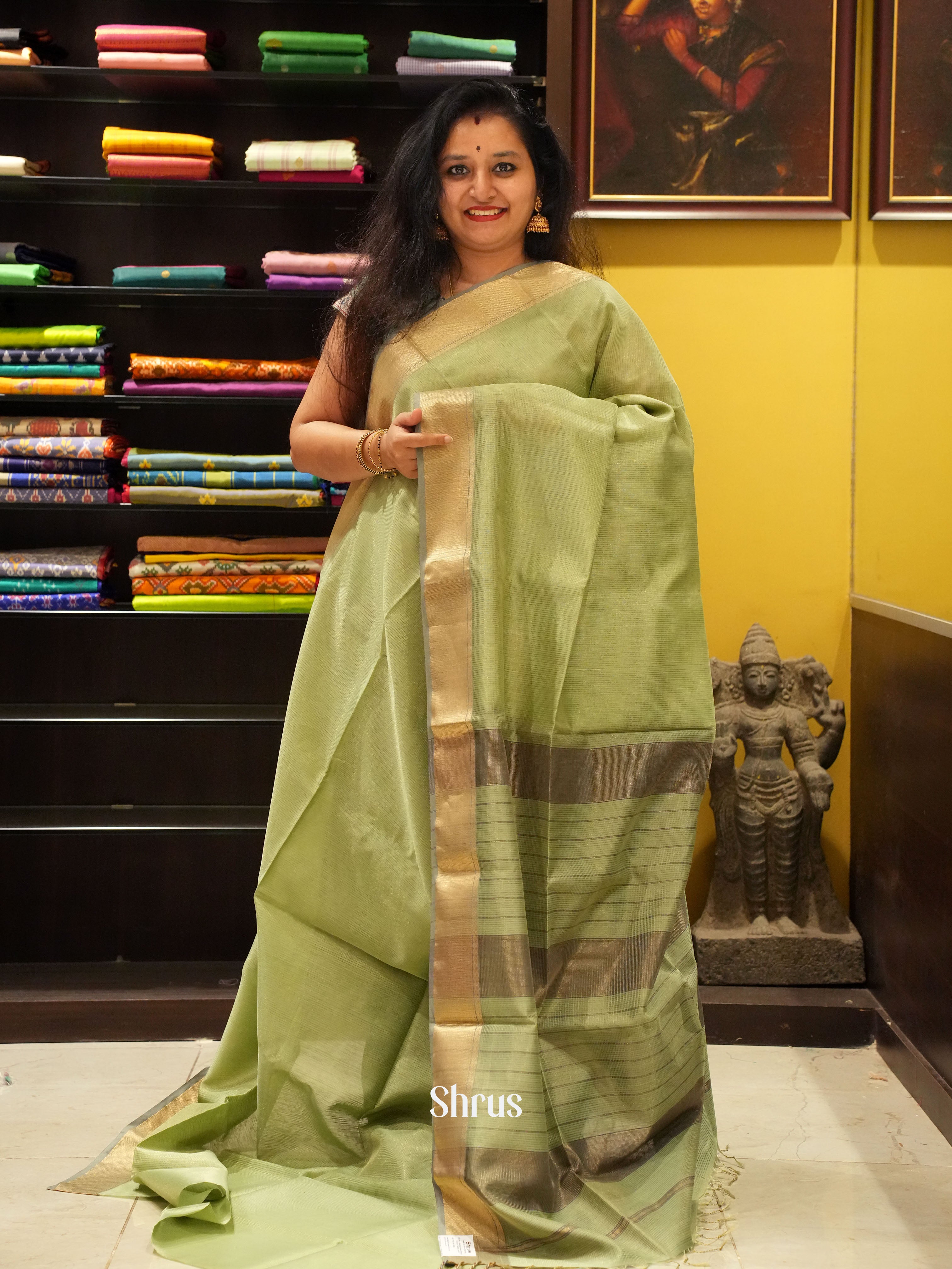 Green & Grey - Maheshwari silkcotton Saree - Shop on ShrusEternity.com