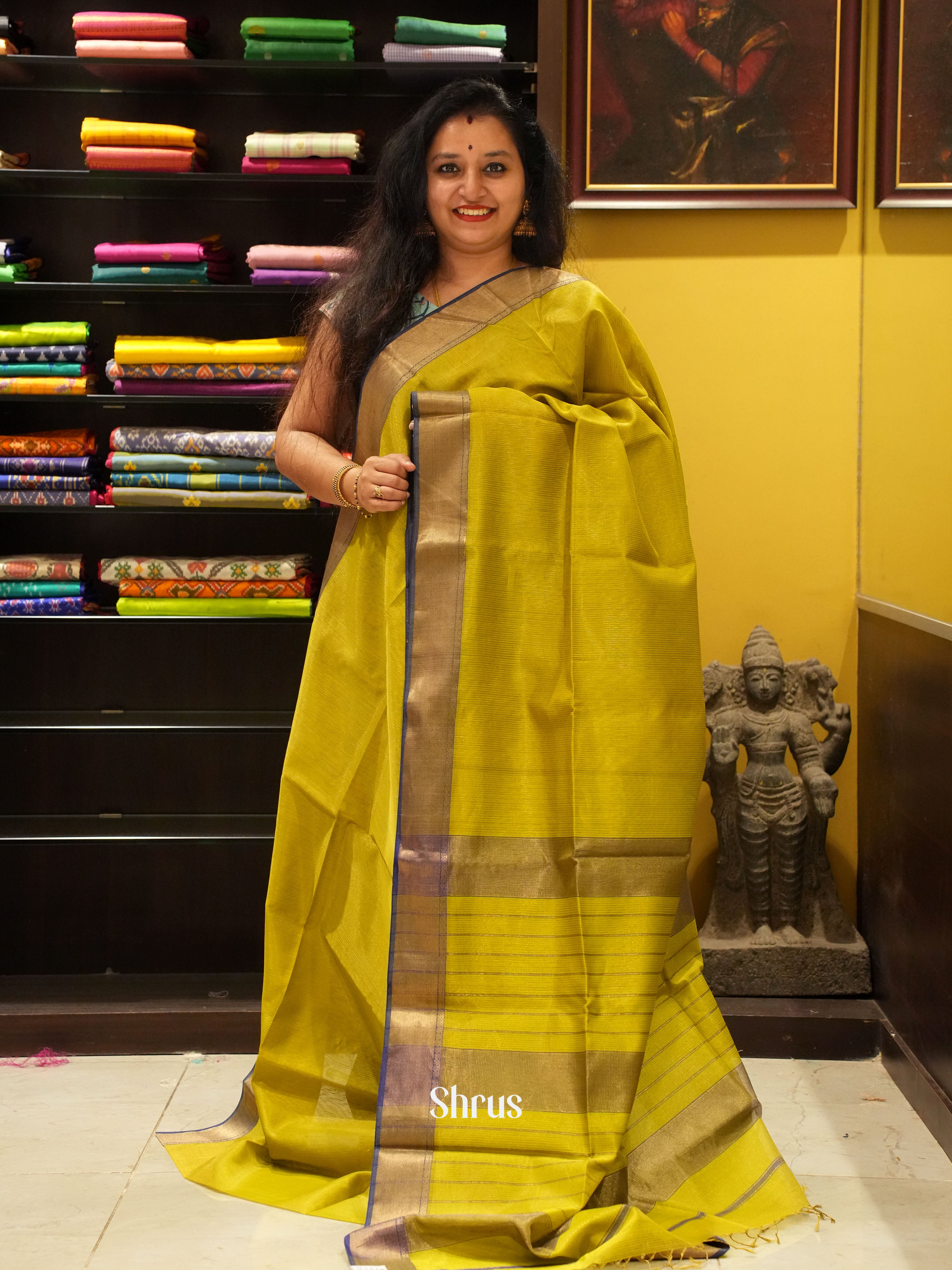 Mustardy Green(Single Tone) - Maheshwari silkcotton Saree - Shop on ShrusEternity.com
