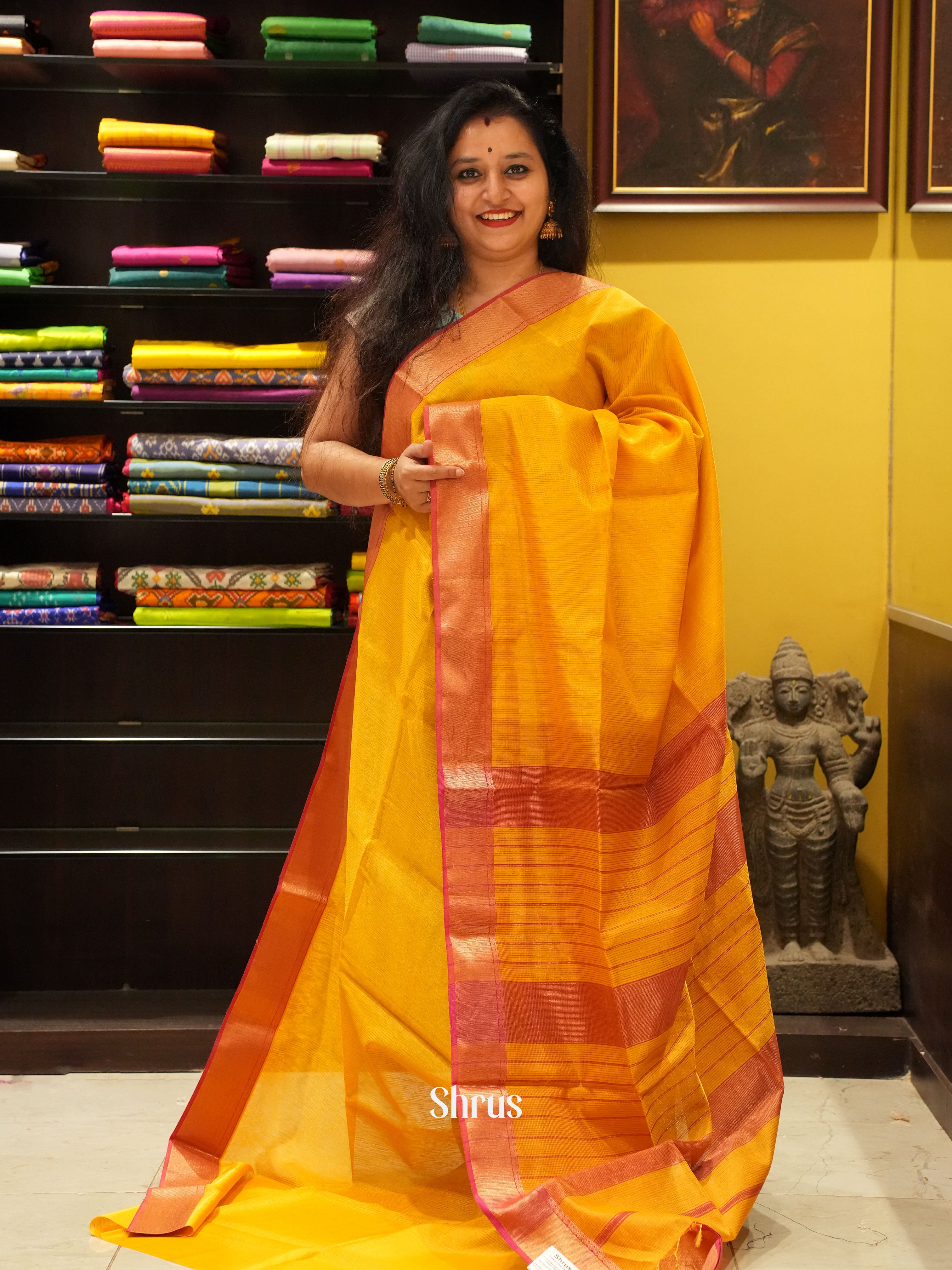 Mustard & Red - Maheshwari silkcotton Saree - Shop on ShrusEternity.com