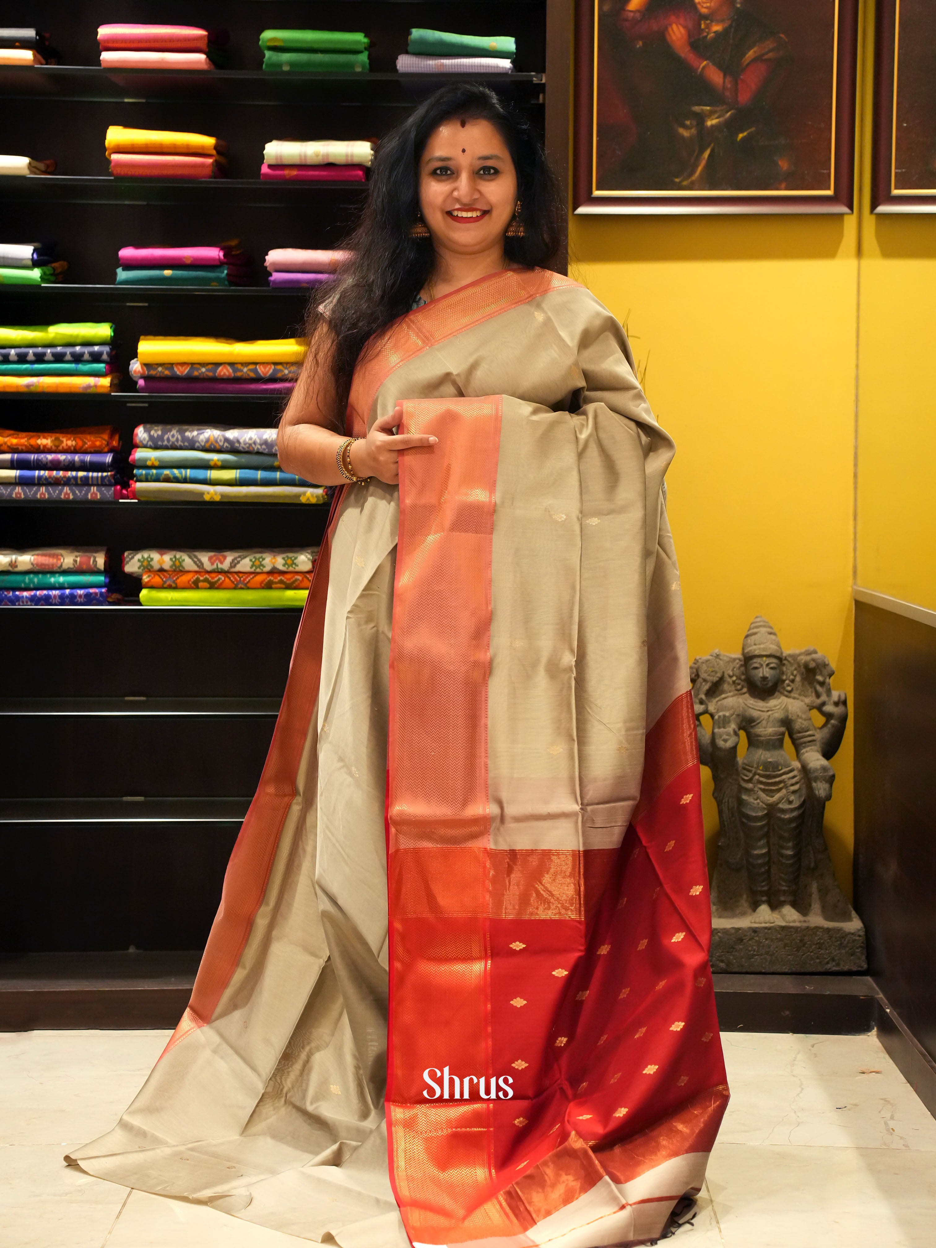Grey & Red -Maheshwari silkcotton Saree - Shop on ShrusEternity.com