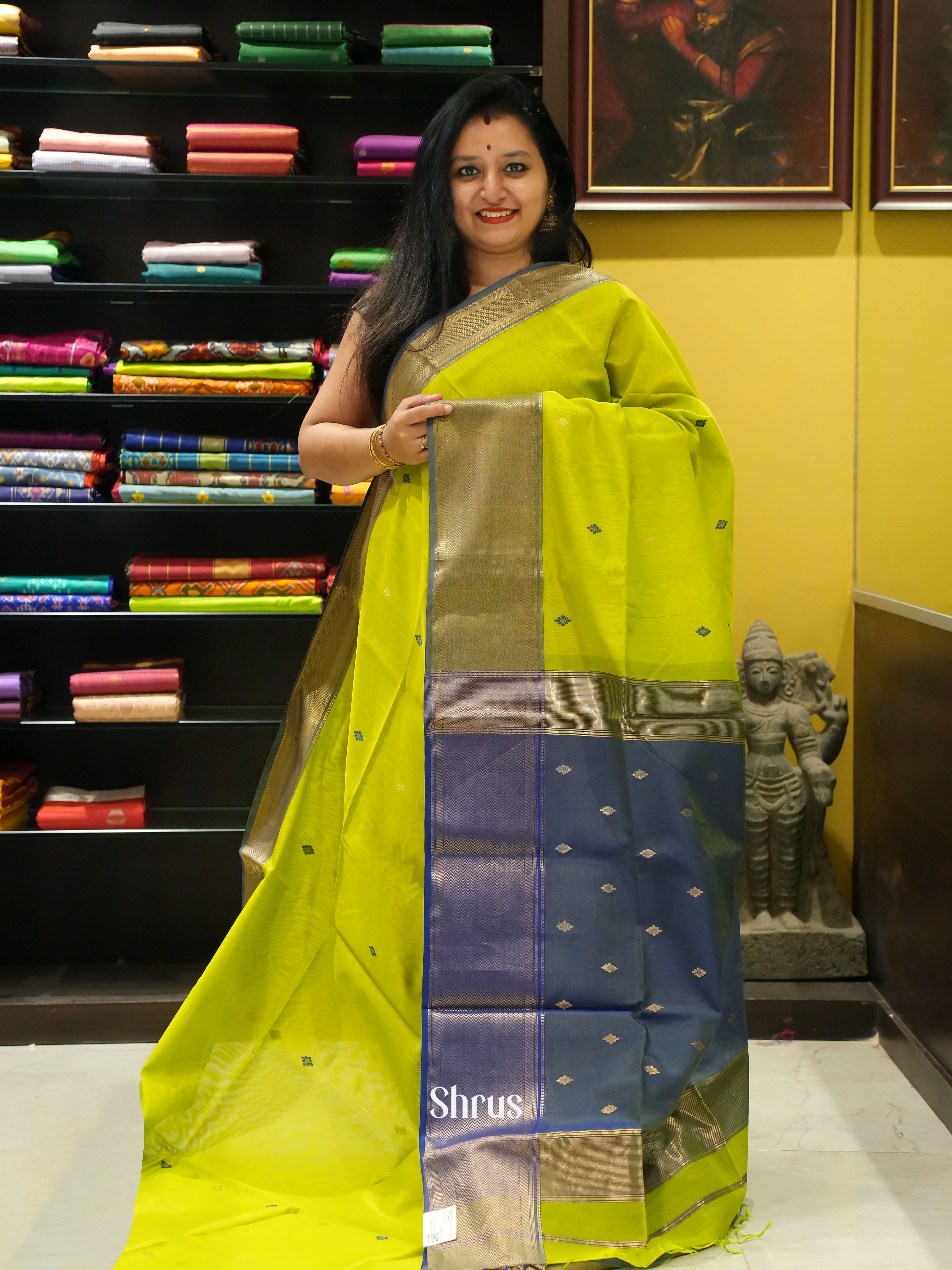 Green & Grey - Maheshwari silkcotton saree - Shop on ShrusEternity.com