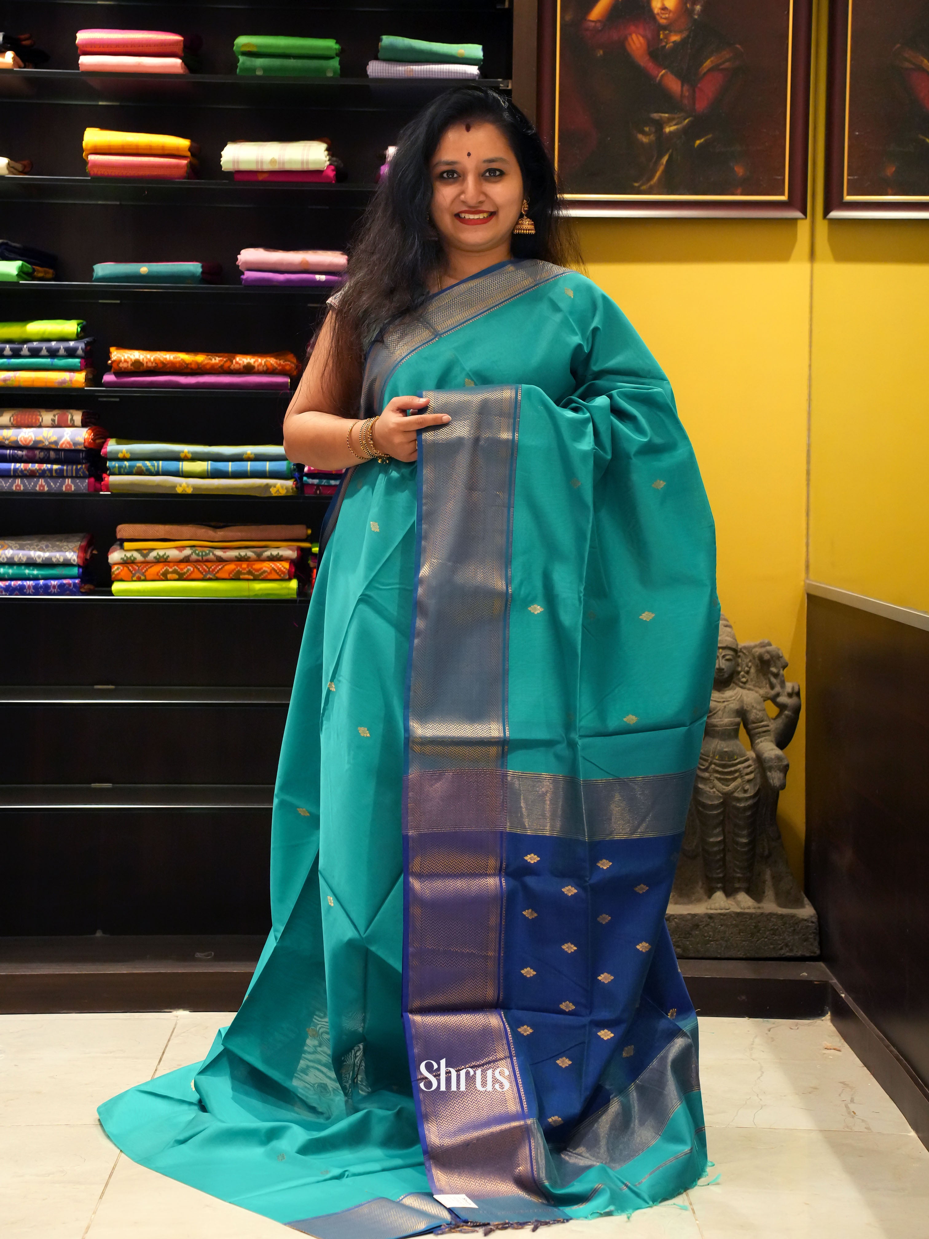 Teal & Blue -Maheshwari silkcotton Saree - Shop on ShrusEternity.com