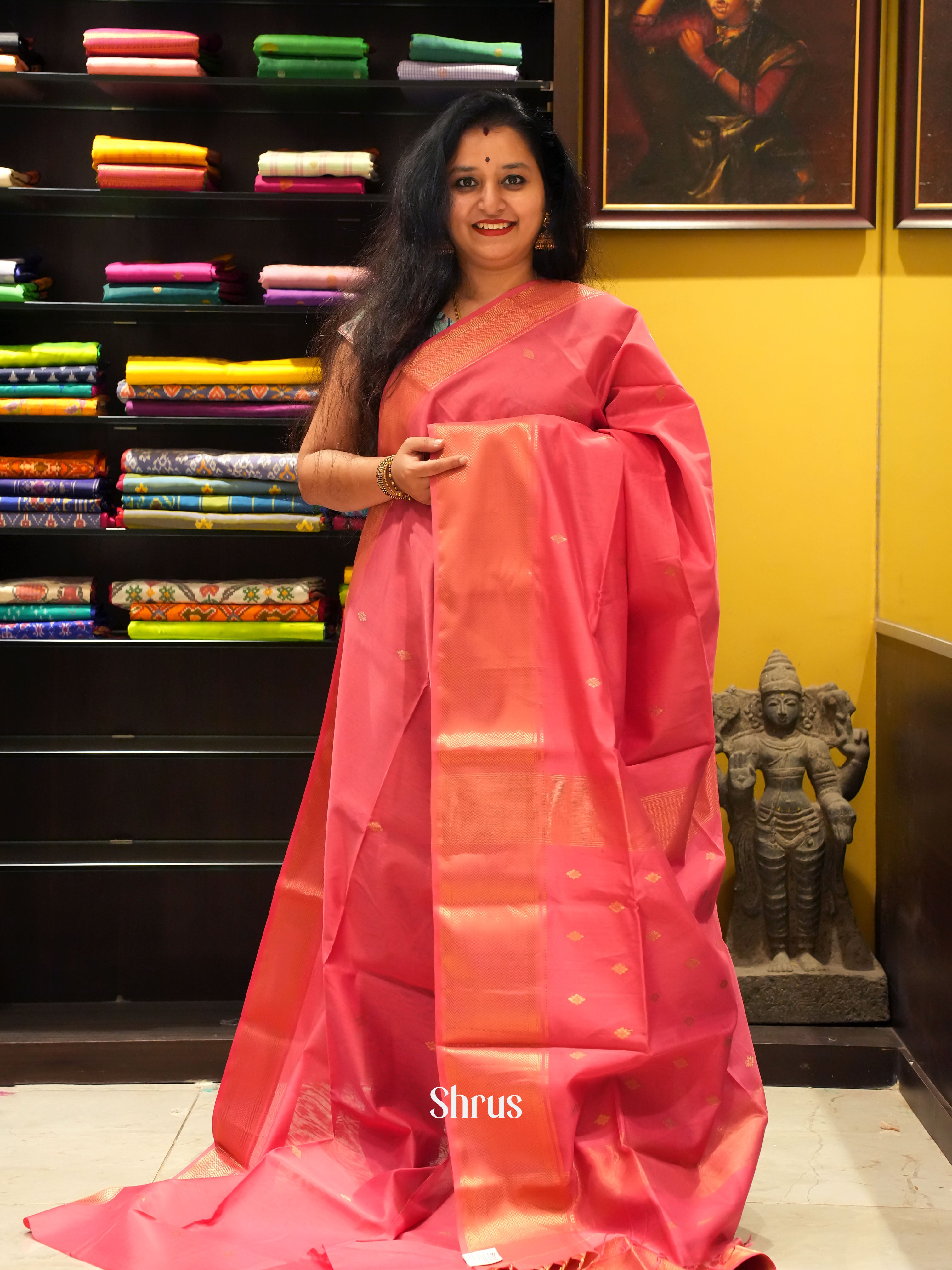 Pink(single Tone) -Maheshwari silkcotton Saree - Shop on ShrusEternity.com