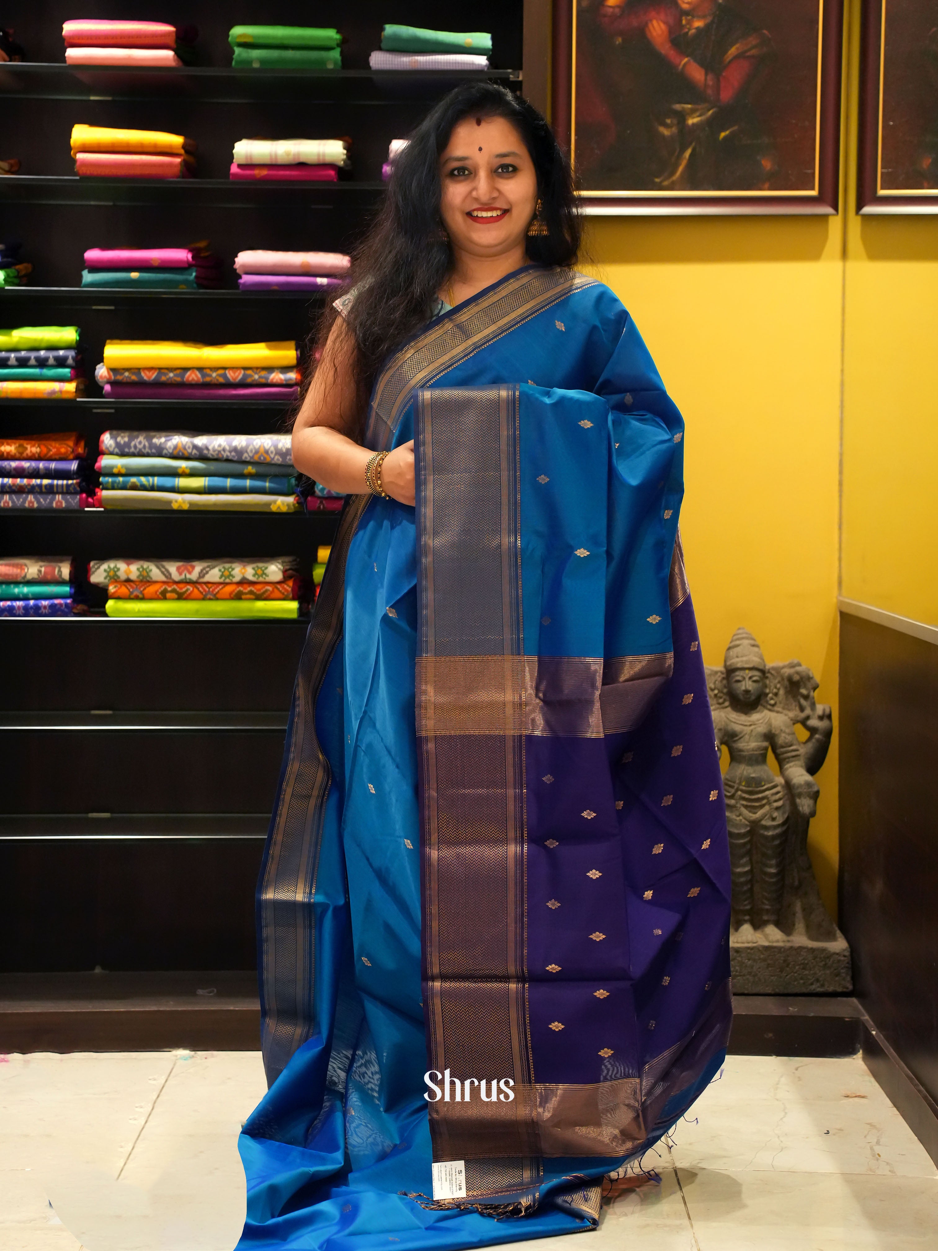 Blue & Purple -Maheshwari silkcotton Saree - Shop on ShrusEternity.com