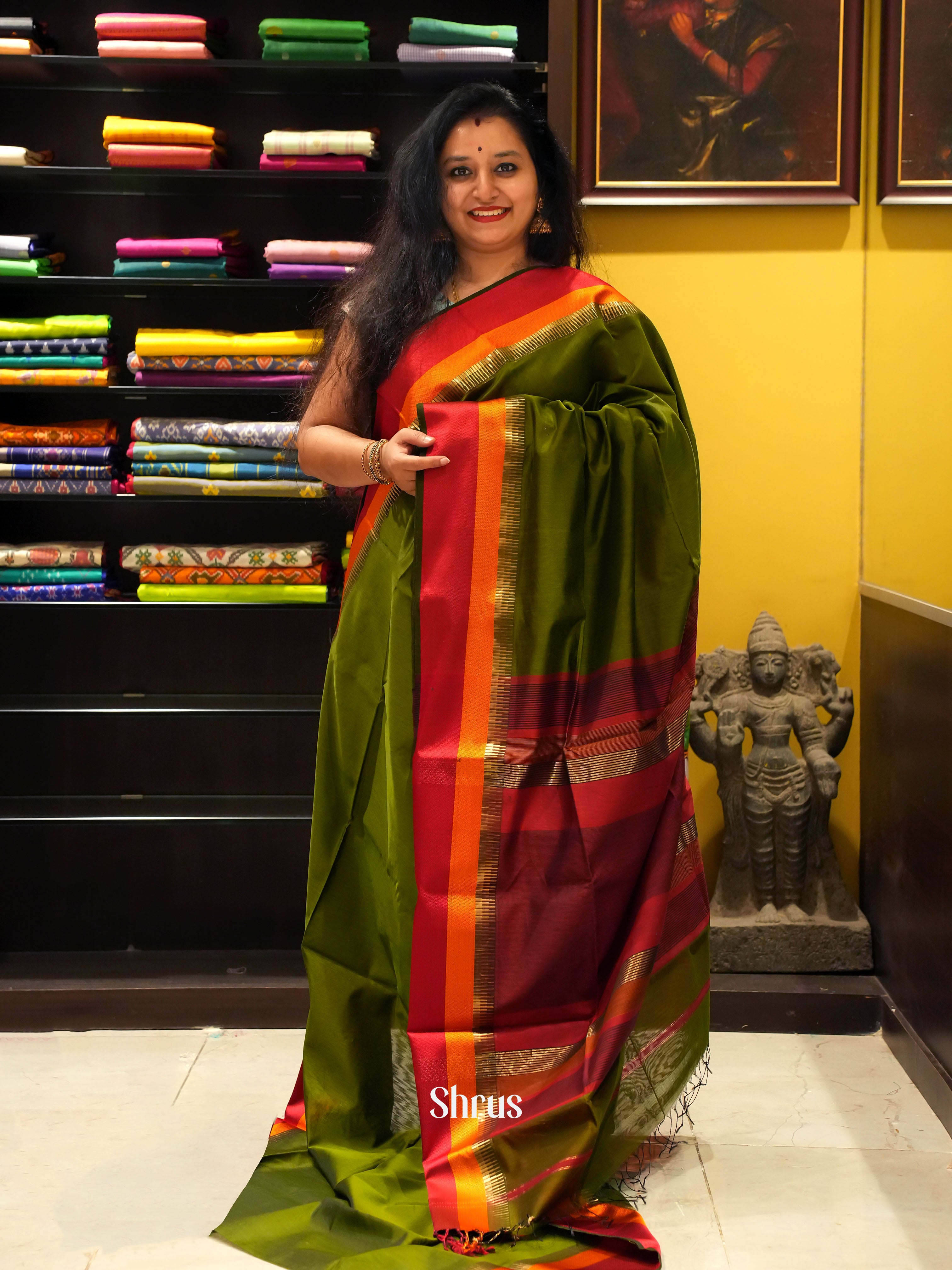 Green & Red - Maheshwari silkcotton Saree - Shop on ShrusEternity.com
