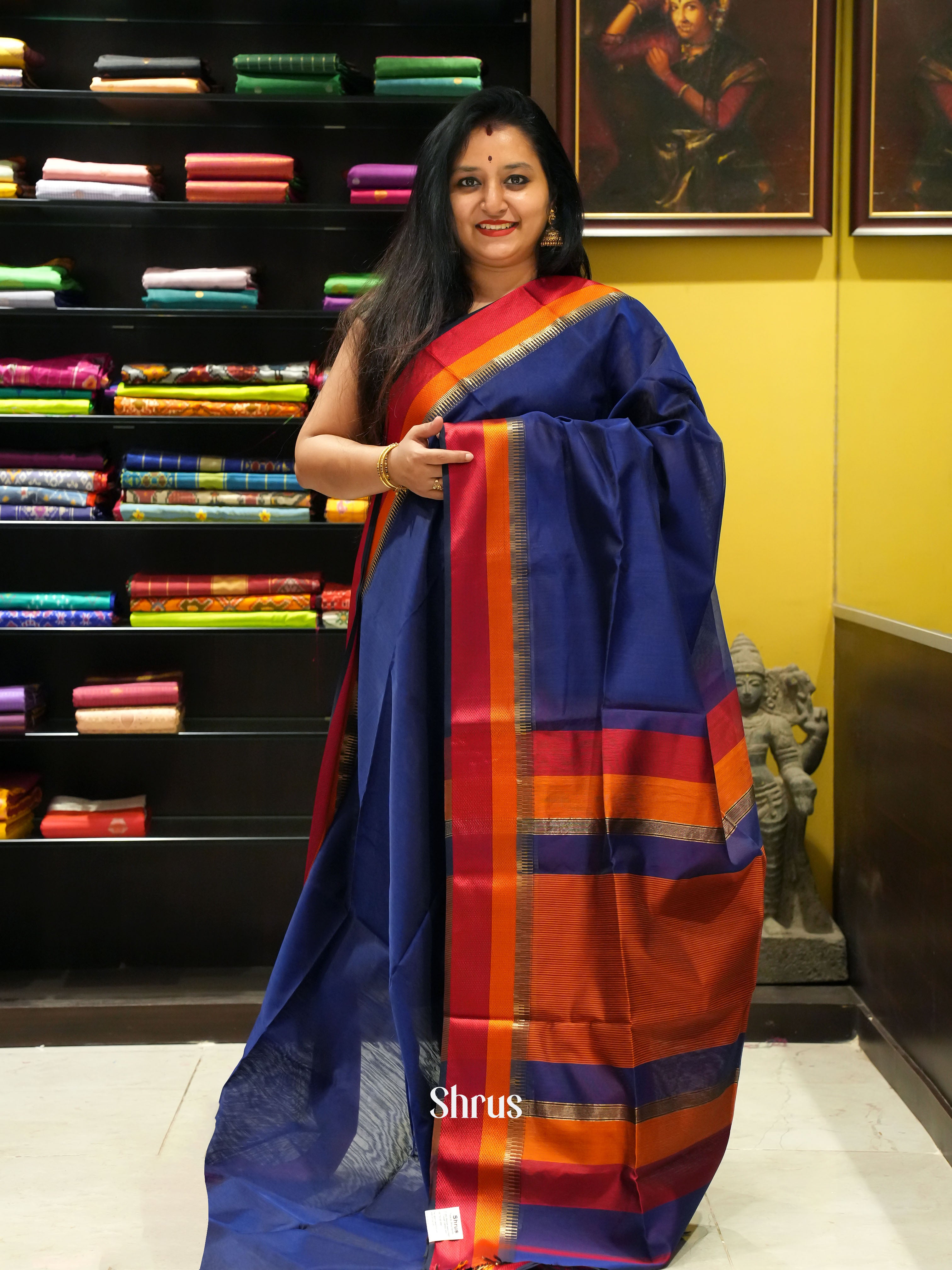 Blue & Maroon - Maheshwari silkcotton Saree - Shop on ShrusEternity.com