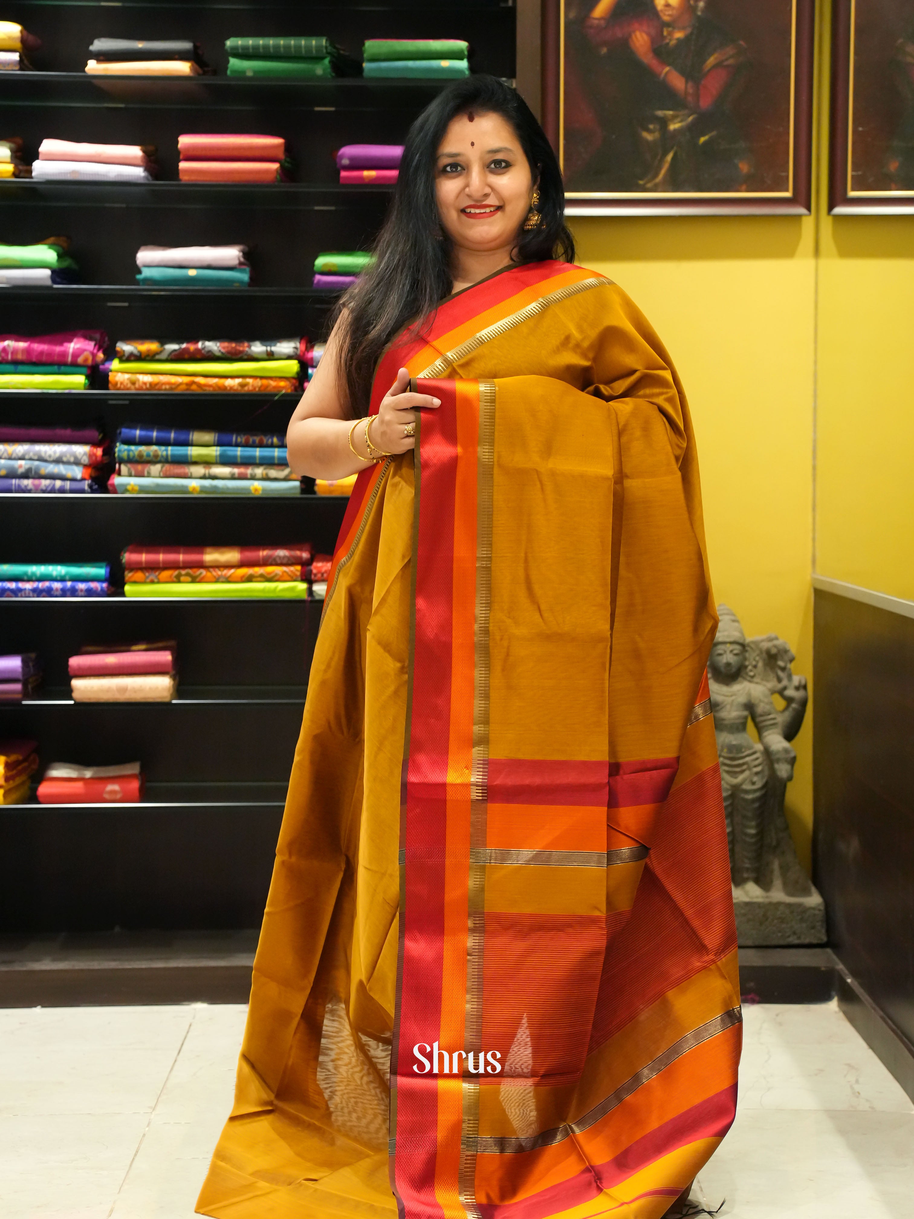 Mustard & Maroon - Maheshwari silkcotton saree - Shop on ShrusEternity.com