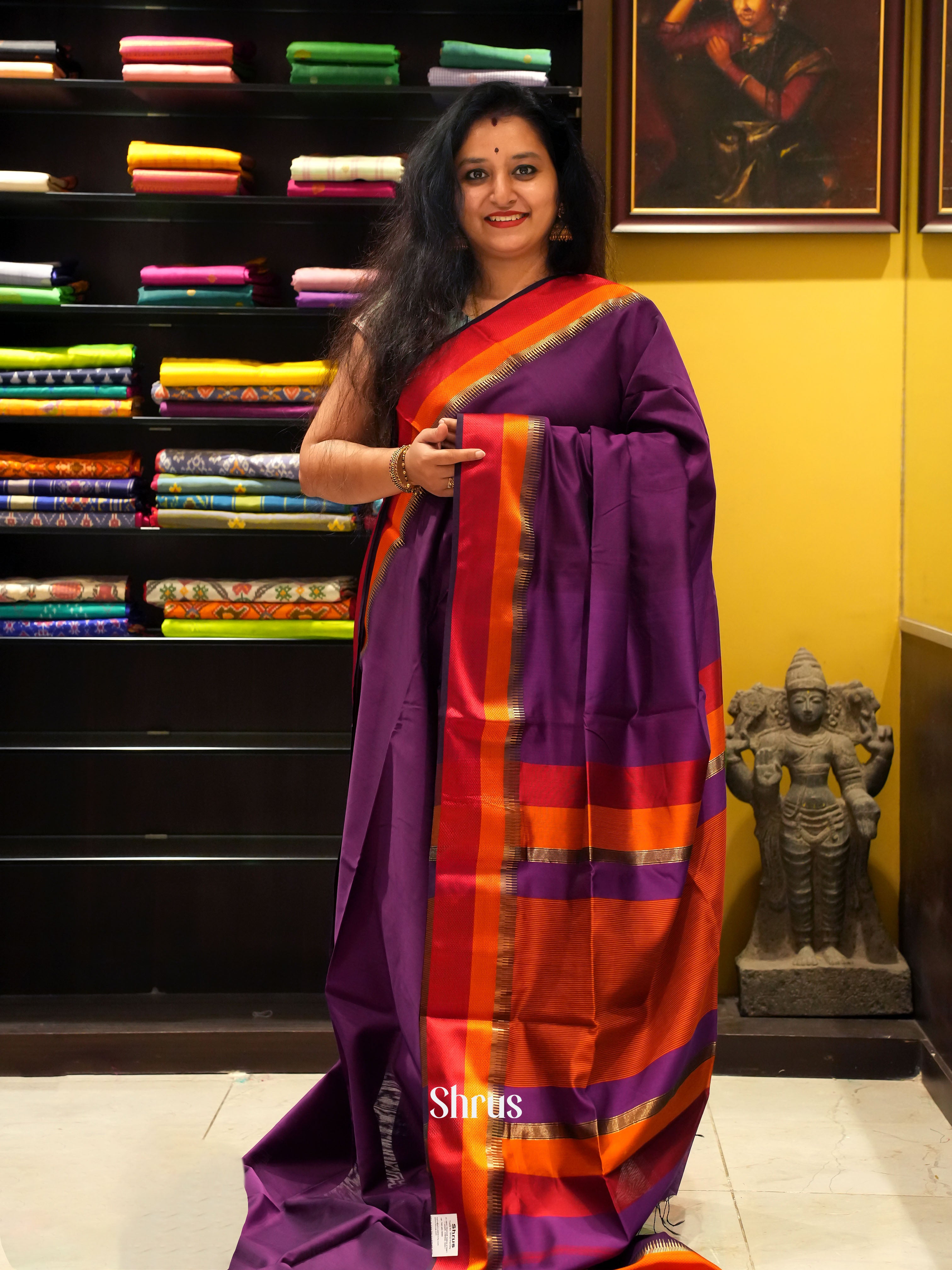 Purple & Red -Maheshwari silkcotton Saree - Shop on ShrusEternity.com