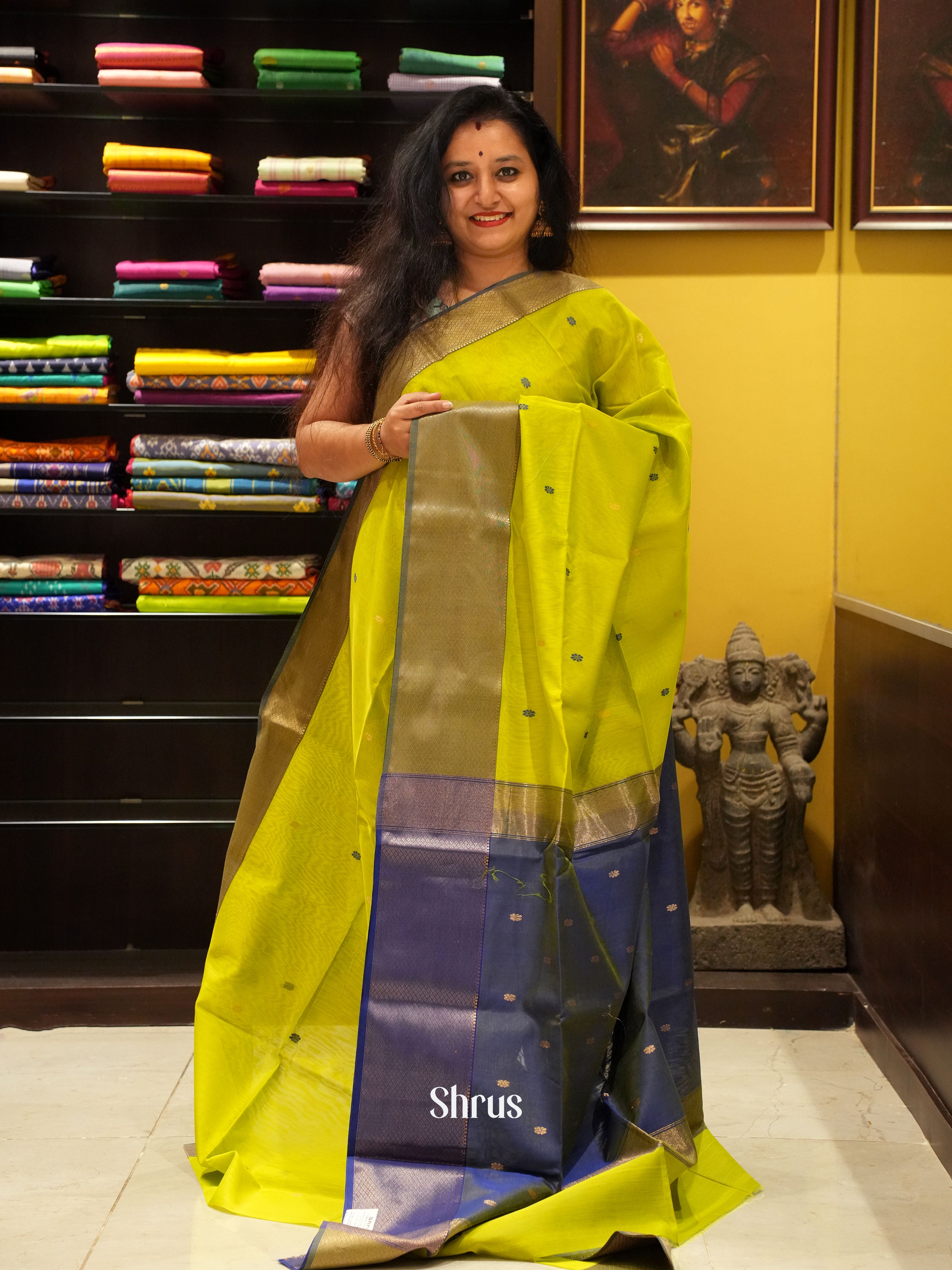 Green & Blue -Maheshwari silkcotton Saree - Shop on ShrusEternity.com