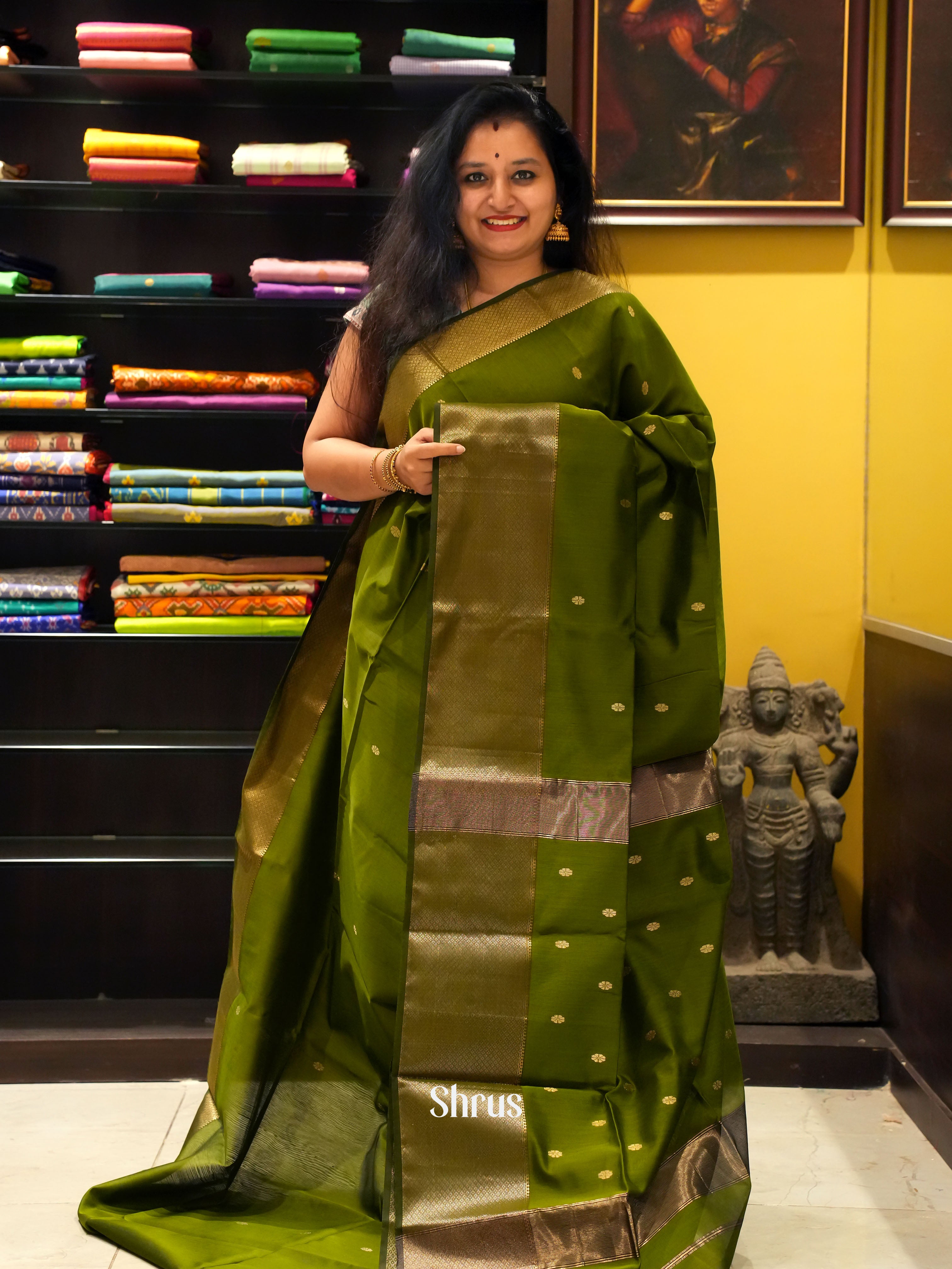 Green(Single Tone) -Maheshwari silkcotton Saree - Shop on ShrusEternity.com