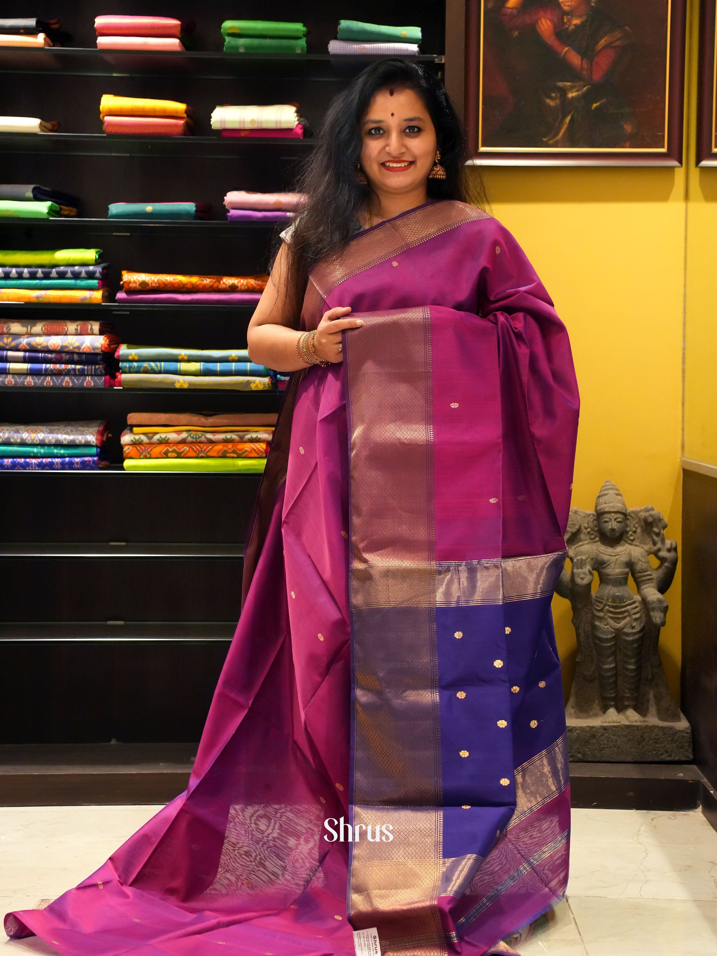 Majenta & Violet -Maheshwari silkcotton Saree - Shop on ShrusEternity.com
