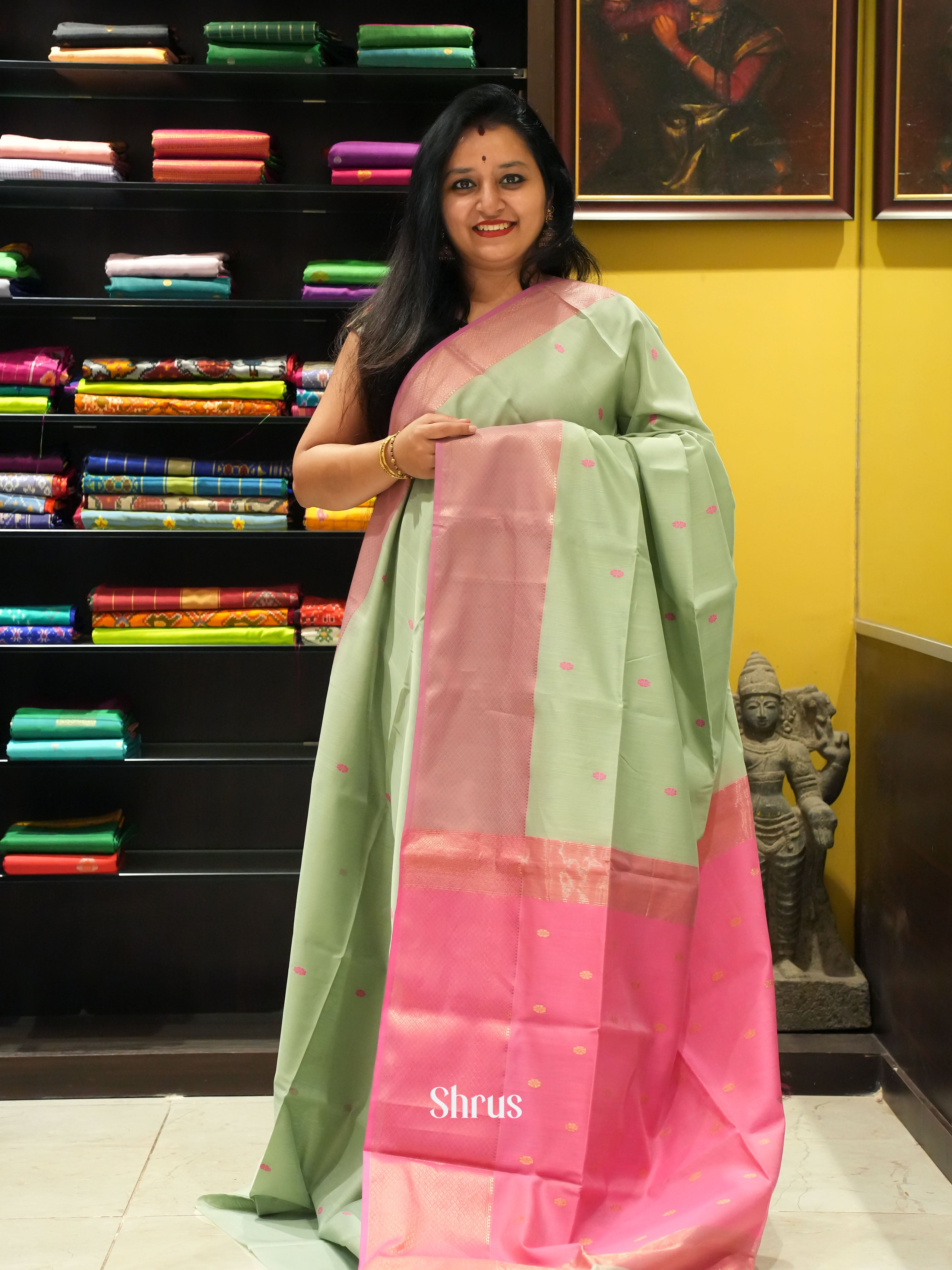 Green & Pink - Maheshwari silkcotton Saree - Shop on ShrusEternity.com