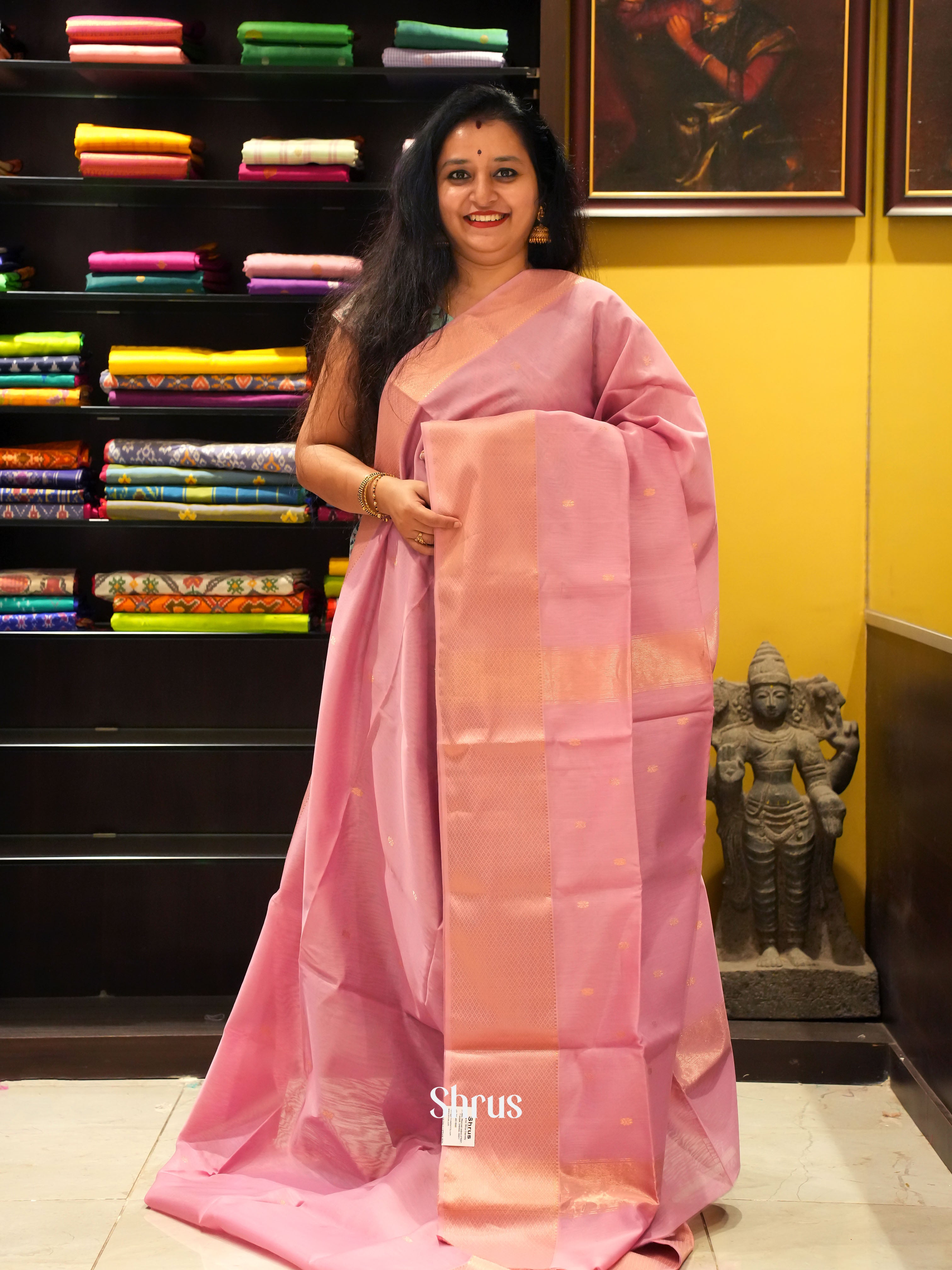 Pink(Single Tone) - Maheshwari silkcotton Saree - Shop on ShrusEternity.com