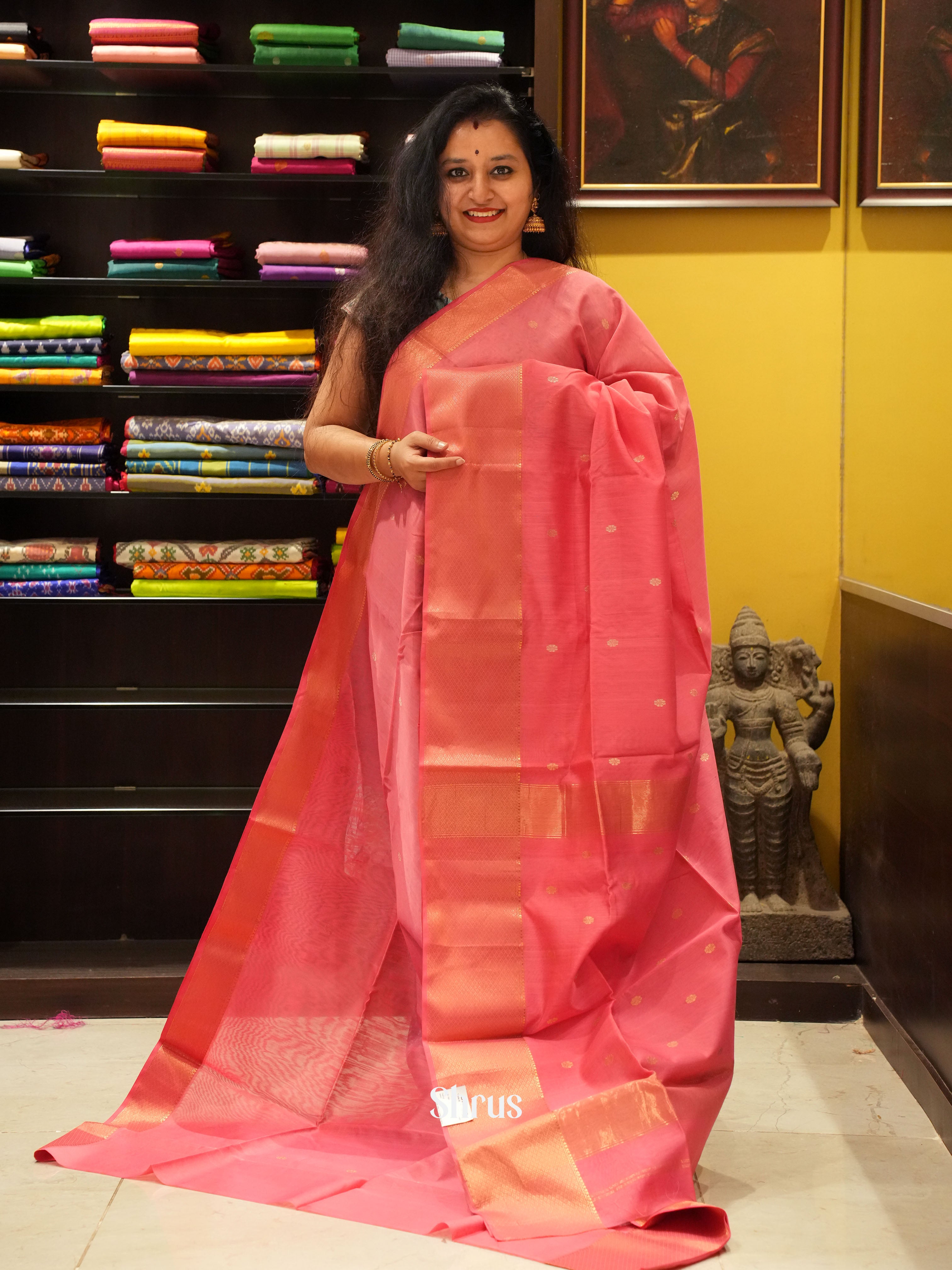 Pink(Single Tone) -Maheshwari silkcotton Saree - Shop on ShrusEternity.com