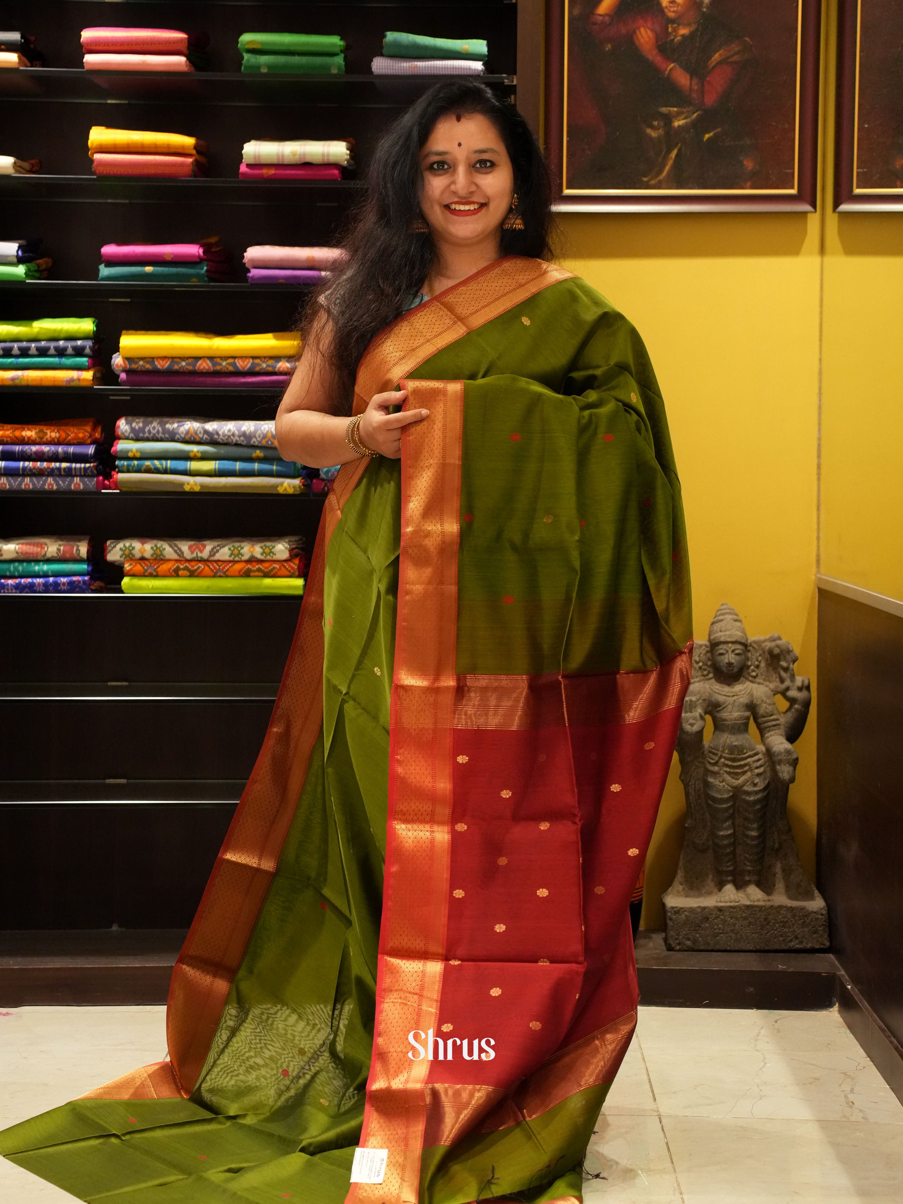 Green & Red -Maheshwari silkcotton Saree - Shop on ShrusEternity.com