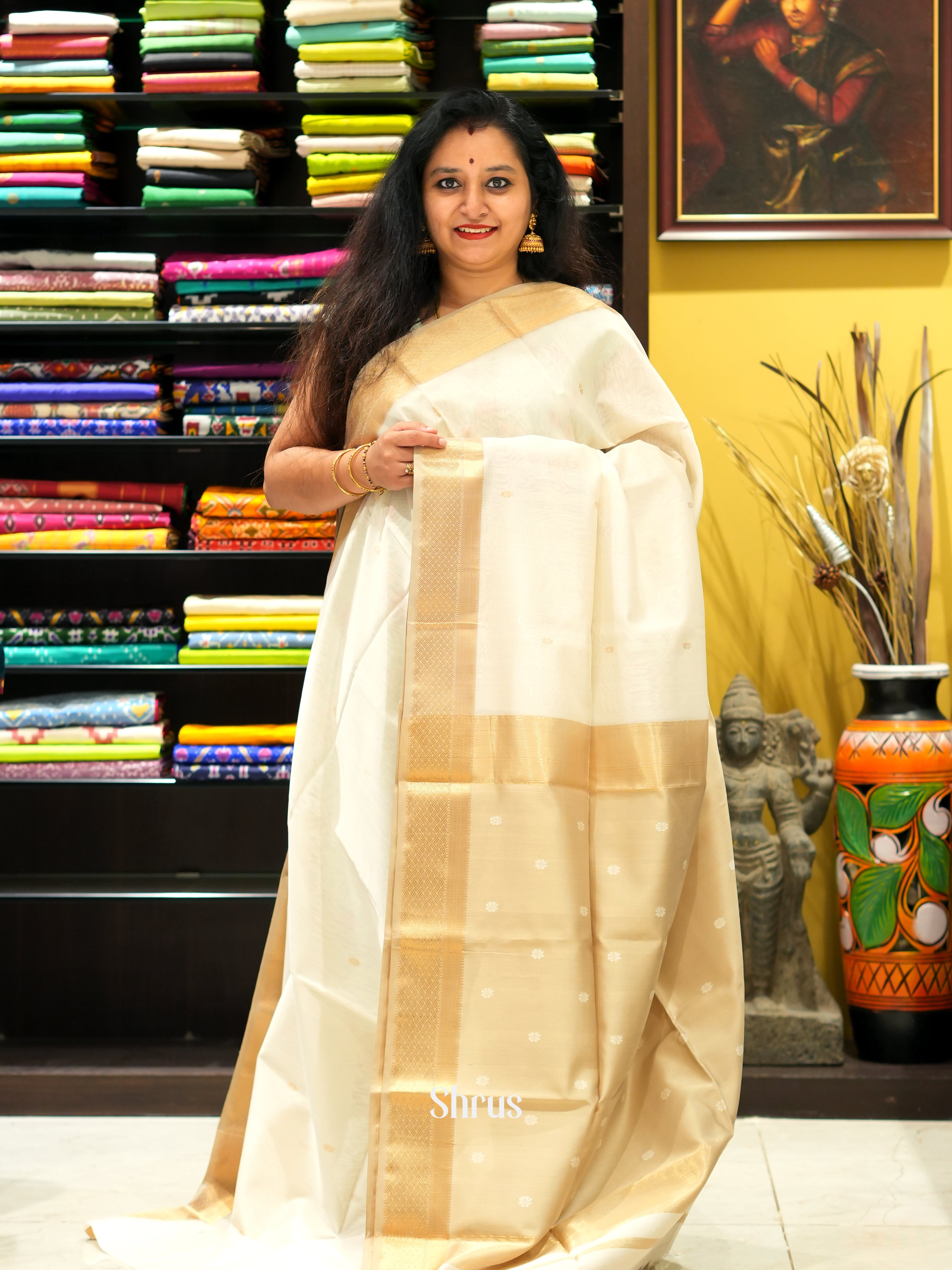Cream & Beige - Maheshwari silkcotton Saree - Shop on ShrusEternity.com