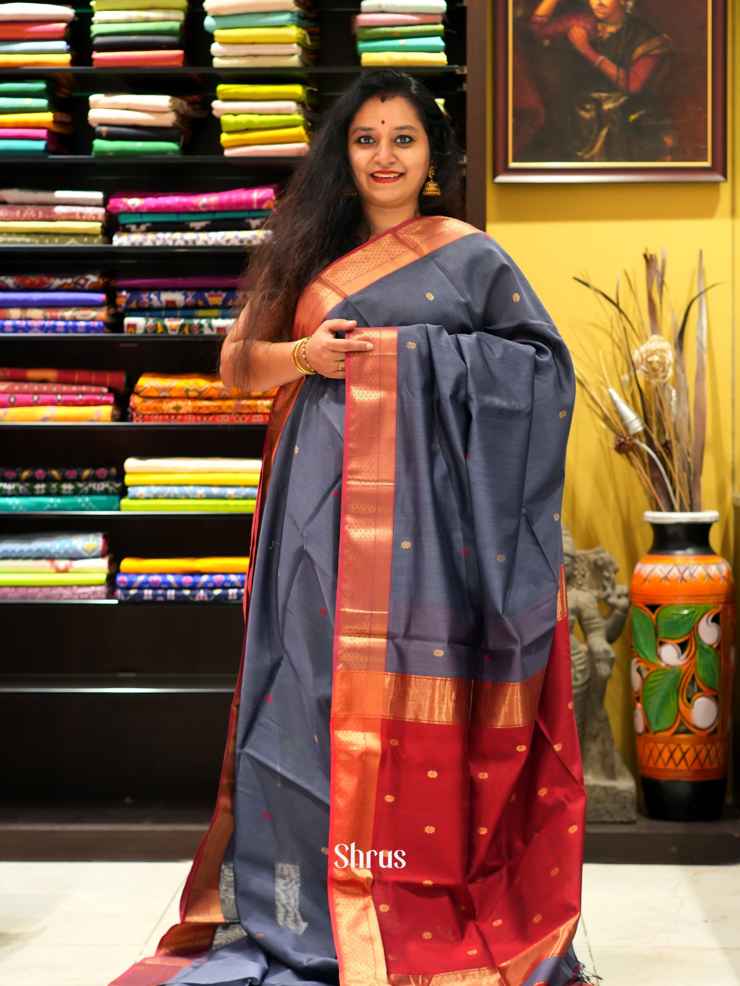 Grey & Red - Maheswari sico Saree - Shop on ShrusEternity.com
